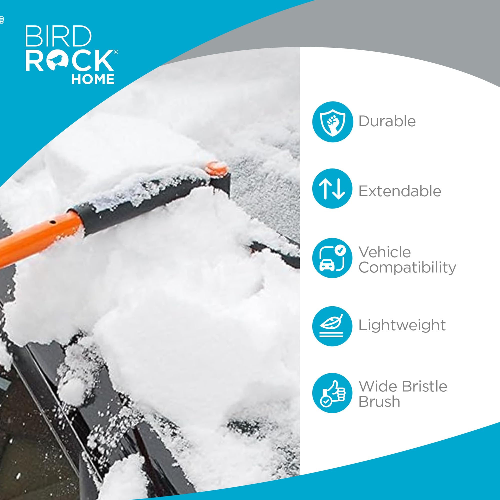 BIRDROCK HOME Extendable 50" Snow Moover Car Brush & Ice Scraper - Heavy Duty Orange for Trucks, SUVs, Windshields