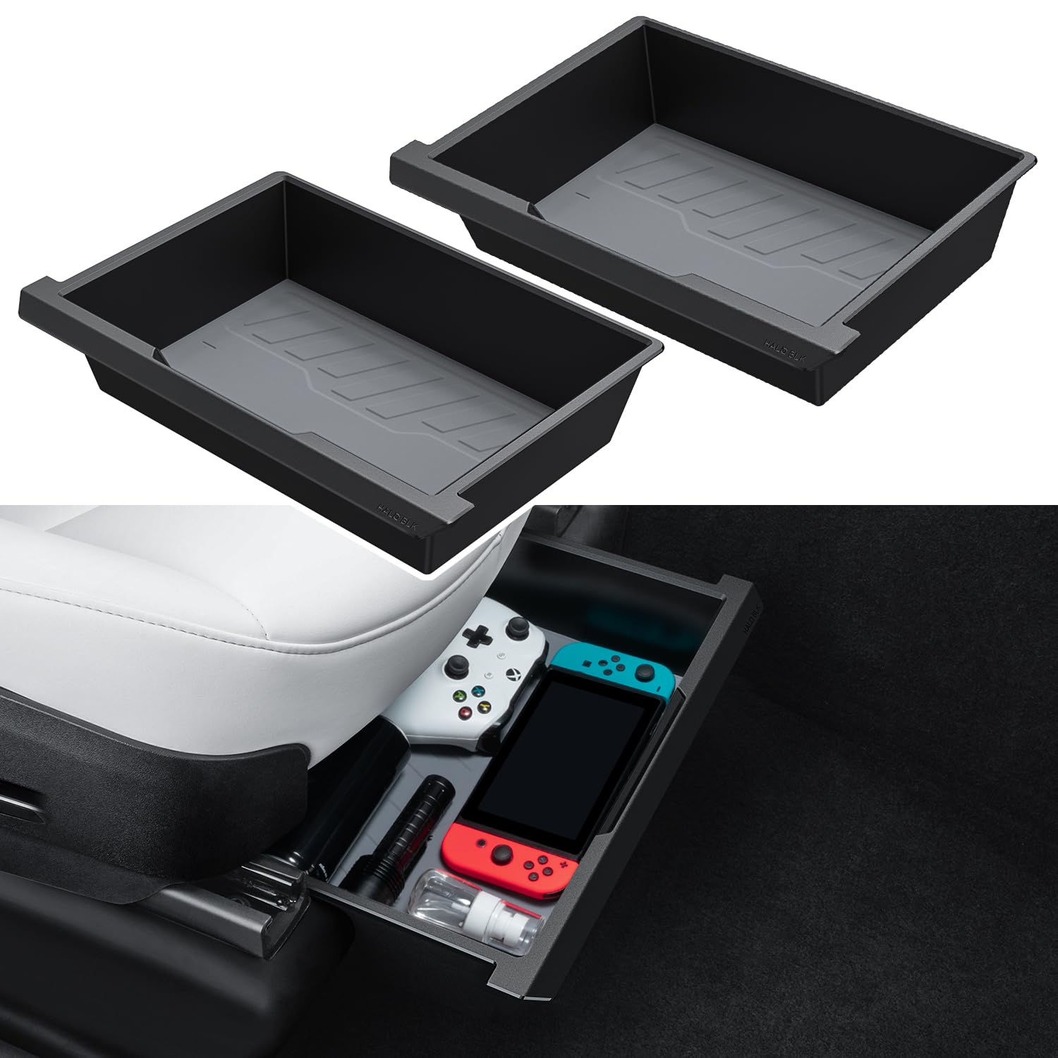 Halo Blk 2 Pack Waterproof Under Seat Storage Box Organizer, Upgraded 2-In-1 Underseat Hidden Tray For Tesla Model Y 2023-2021