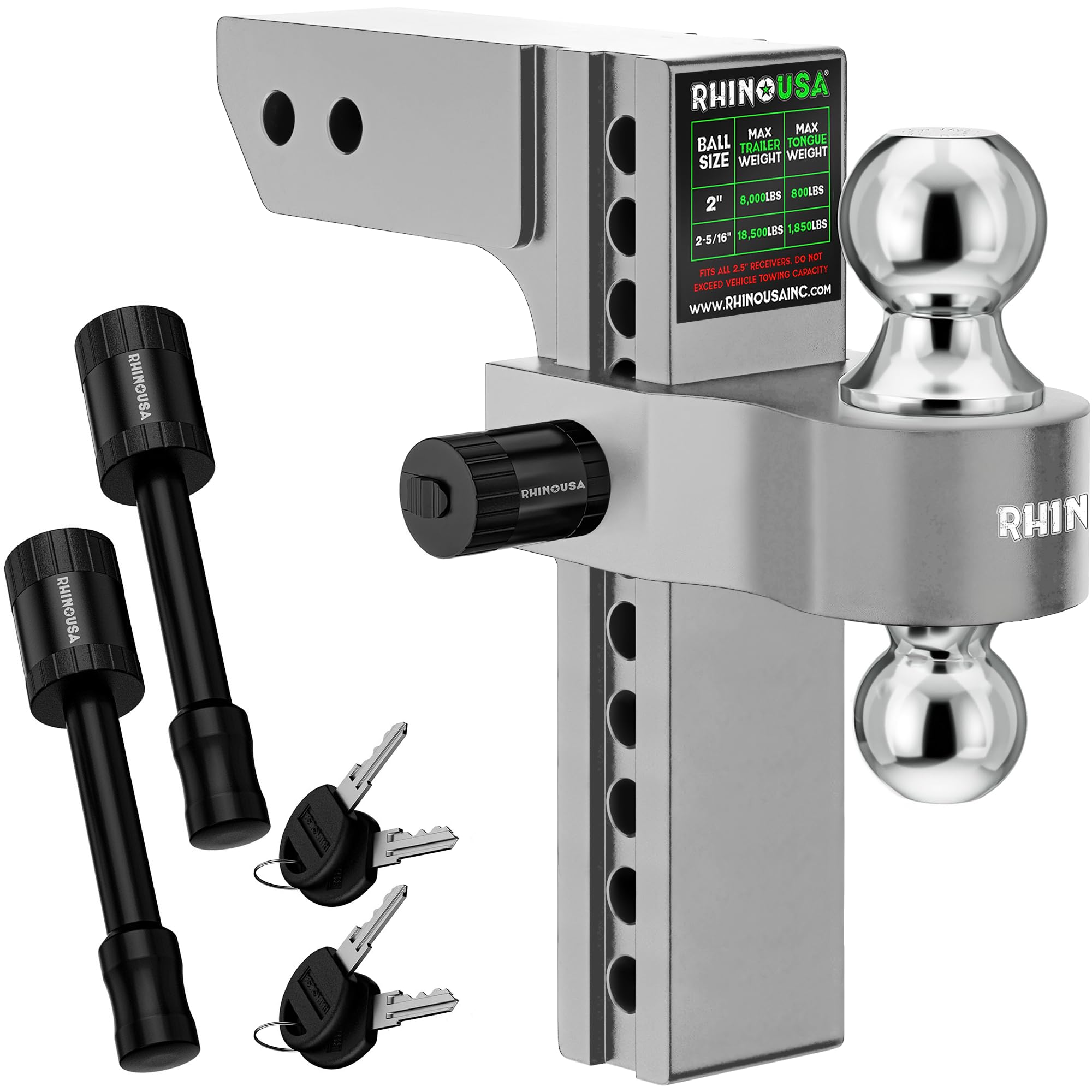 Rhino Usa Adjustable Trailer Hitch (Fits 2.5-Inch Receiver) Heavy Duty Aluminum Tow Hitches With 10-Inch Drop/Rise For Truck (18