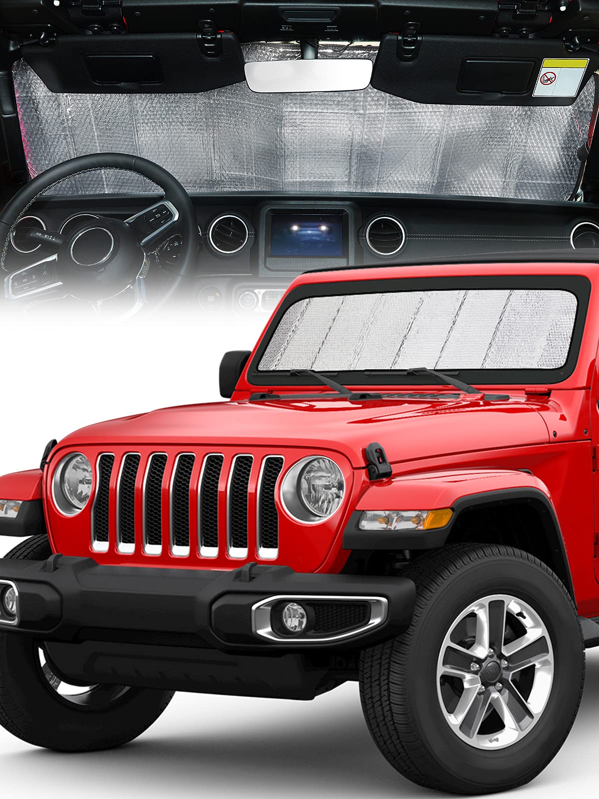 Qmparts Upgraded Windshield Sunshade Compatible With Wrangler Jl & Gladiator Jt, Foldable Sun Visor Windshield Blocks Uv Rays, Window Sun Shade Shield Protector Compatible With Wrangler Jlu 2018-2024
