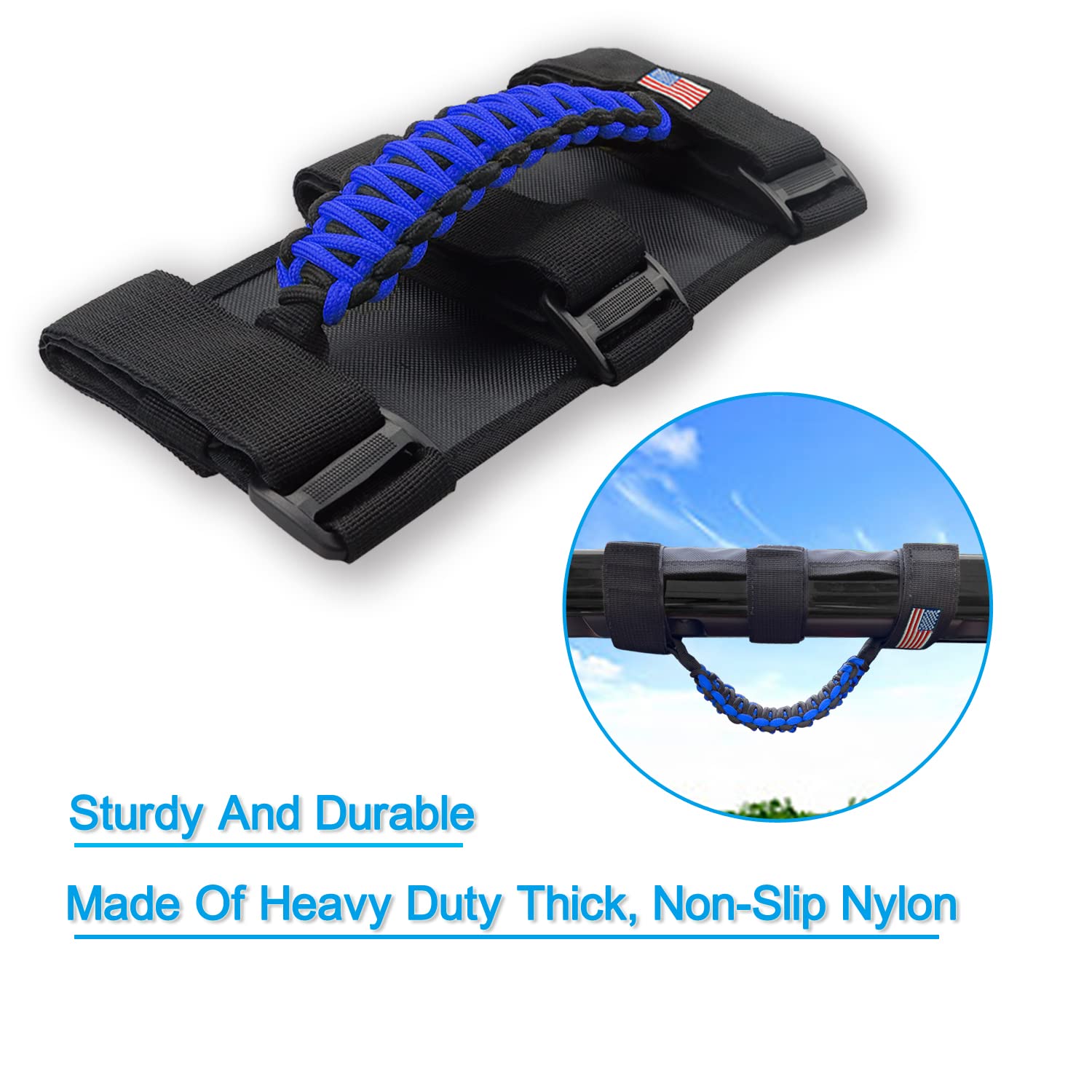 Kohuipu Roll Bar Grab Handles With Us Flag, Paracord Grip Handle For Jeep Wrangler Jk Jku Jl Jlu Tj Cj Yj & Gladiator Jt, Blue