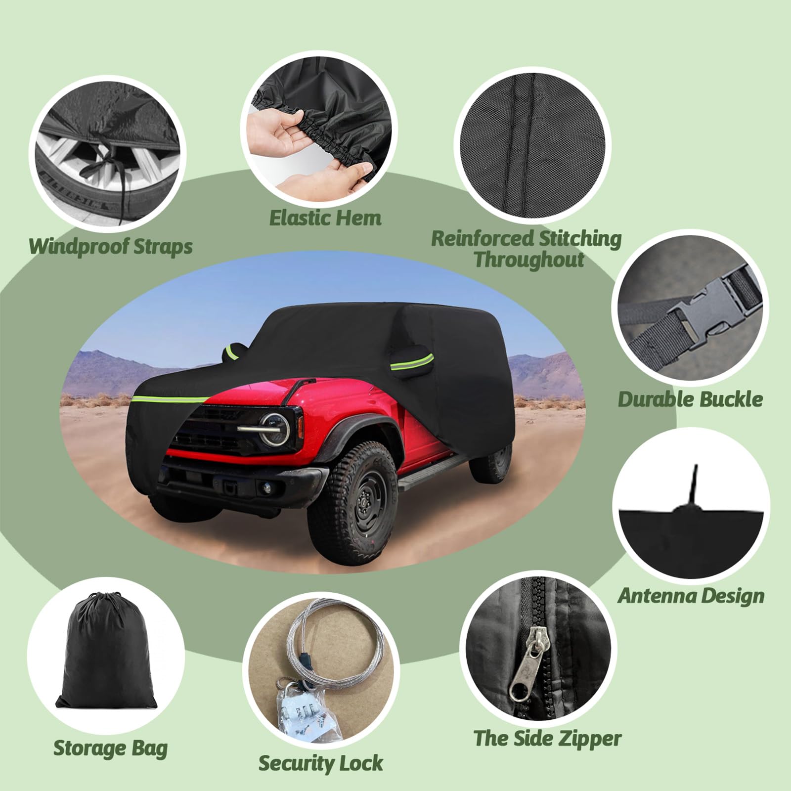 BETERNY Bronco 4 Door Car Cover - 6 Layers Waterproof & UV Protection, Black, Model BRF016