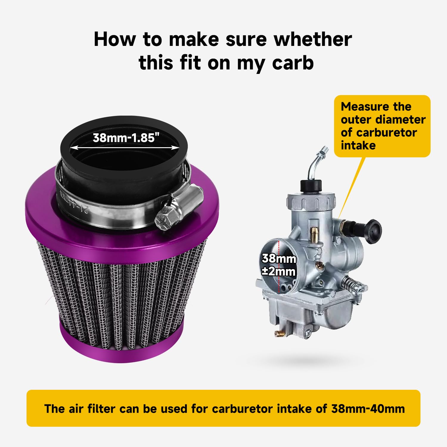 HIAORS 38mm Air Filter for GY6 49cc 50cc Scooters, Aluminum, Purple, Model HO-AFP-38