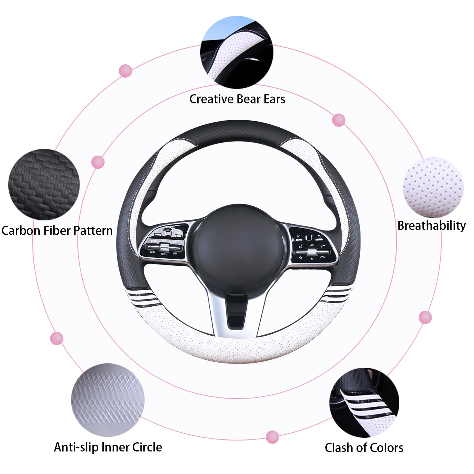 Binsheo Cute Steering Wheel Cover For Girls Women Leather Universal 15 Inch,Black And White