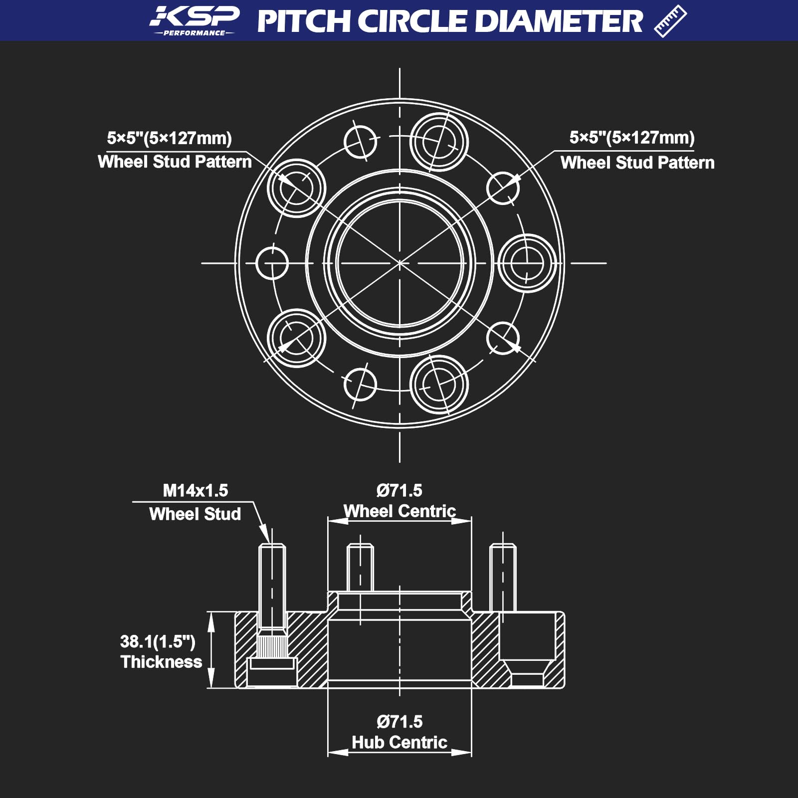 KSP 5x5 Wheel Spacers for Grand Cherokee 2011-2025, 1.5" Thick, Hubcentric, 71.5mm Bore, M14x1