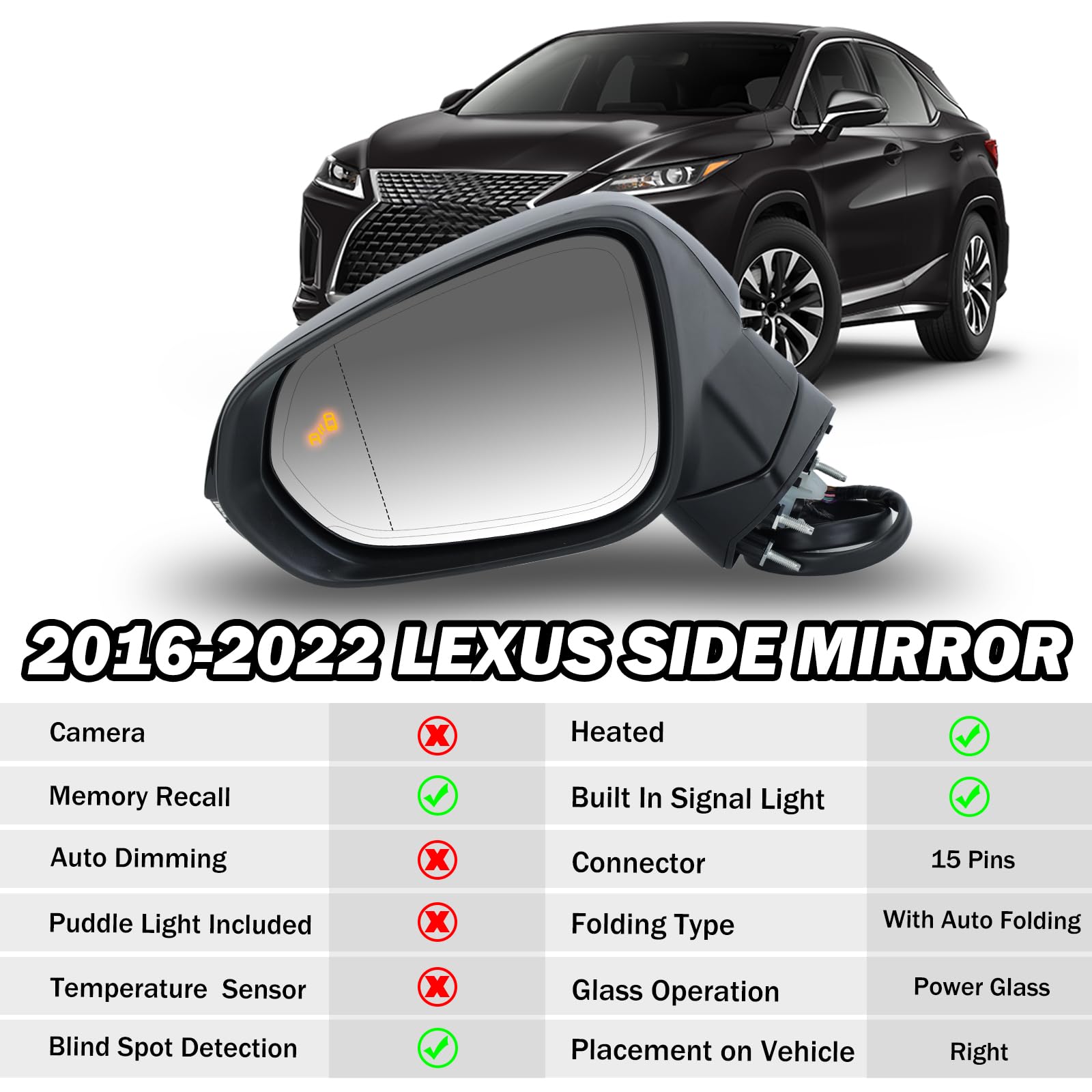 MOFOAP Left Driver Side Mirror for 2016-2022 Lexus RX350, RX450h - Black, Heated, Auto Folding, Blind Spot Indicator, 15 Pins