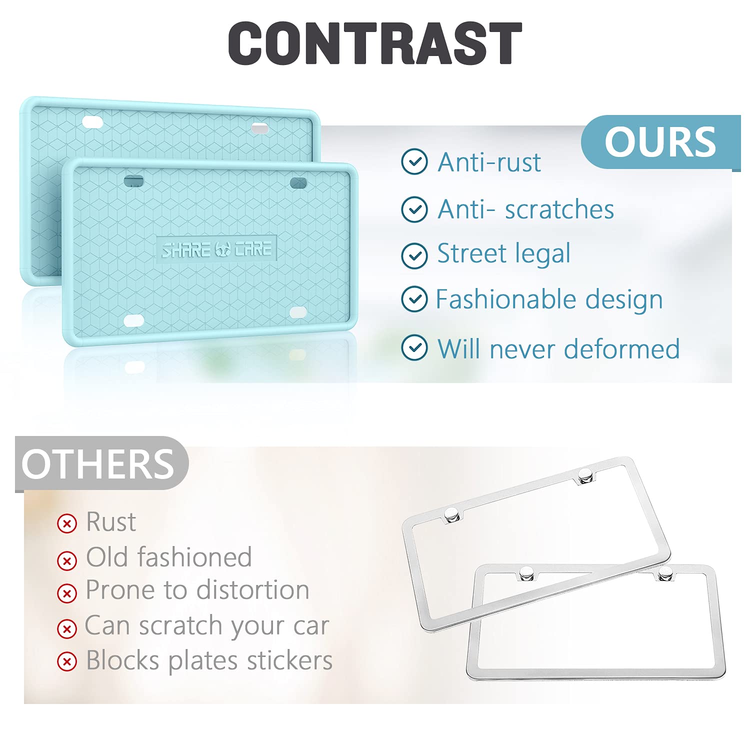 Qiqamole 1 Pack Silicone License Plate Frame, Front Back License Plate Cover, License Plate Bracket Holder Rust-Proof, Rattle-Proof, Weather-Proof For Us And Ca Standard Car (Pink)