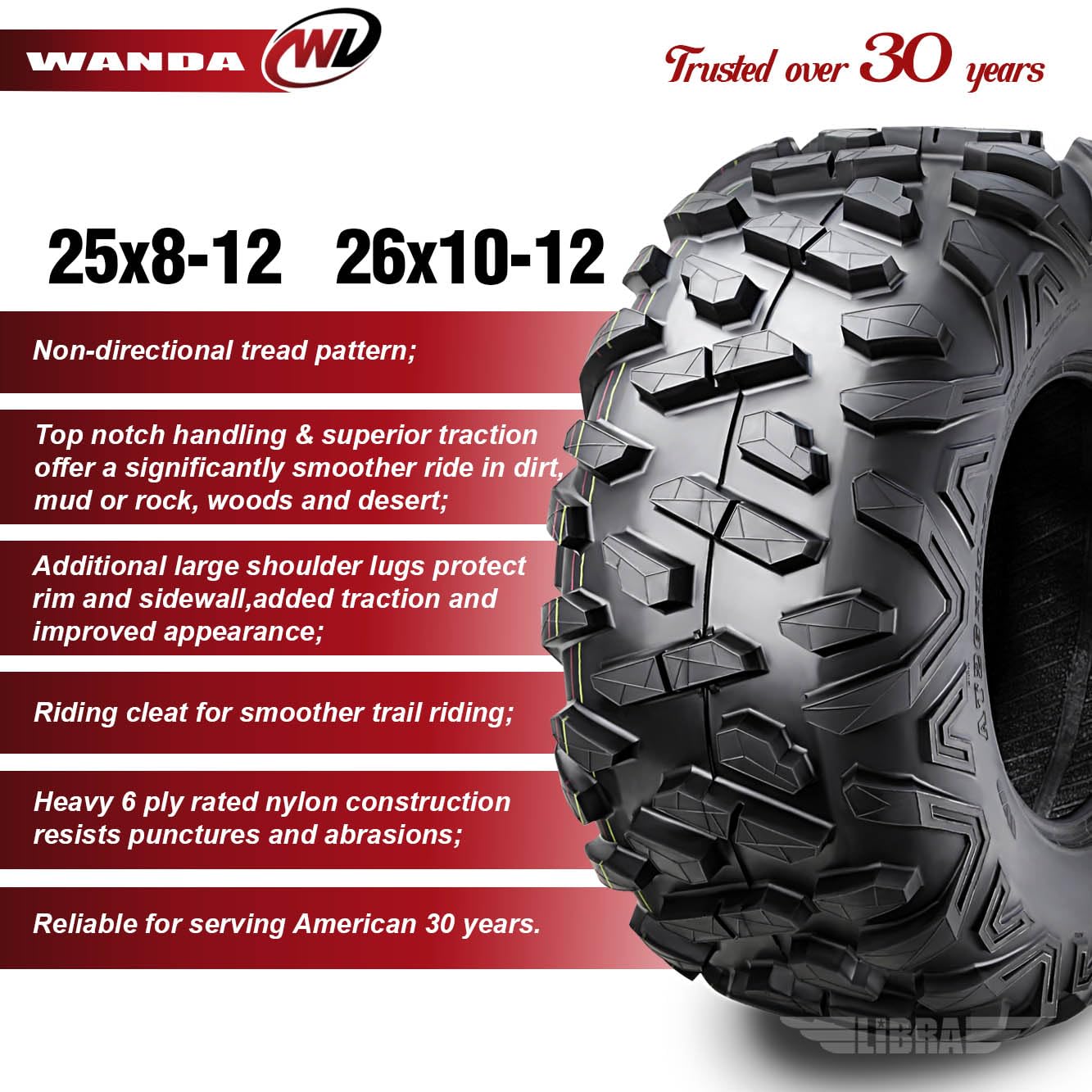Wanda Set Of 4 Atv Tires 25X8-12 25X8X12 Front & 26X10-12 26X10X12 Rear 6Pr P3501