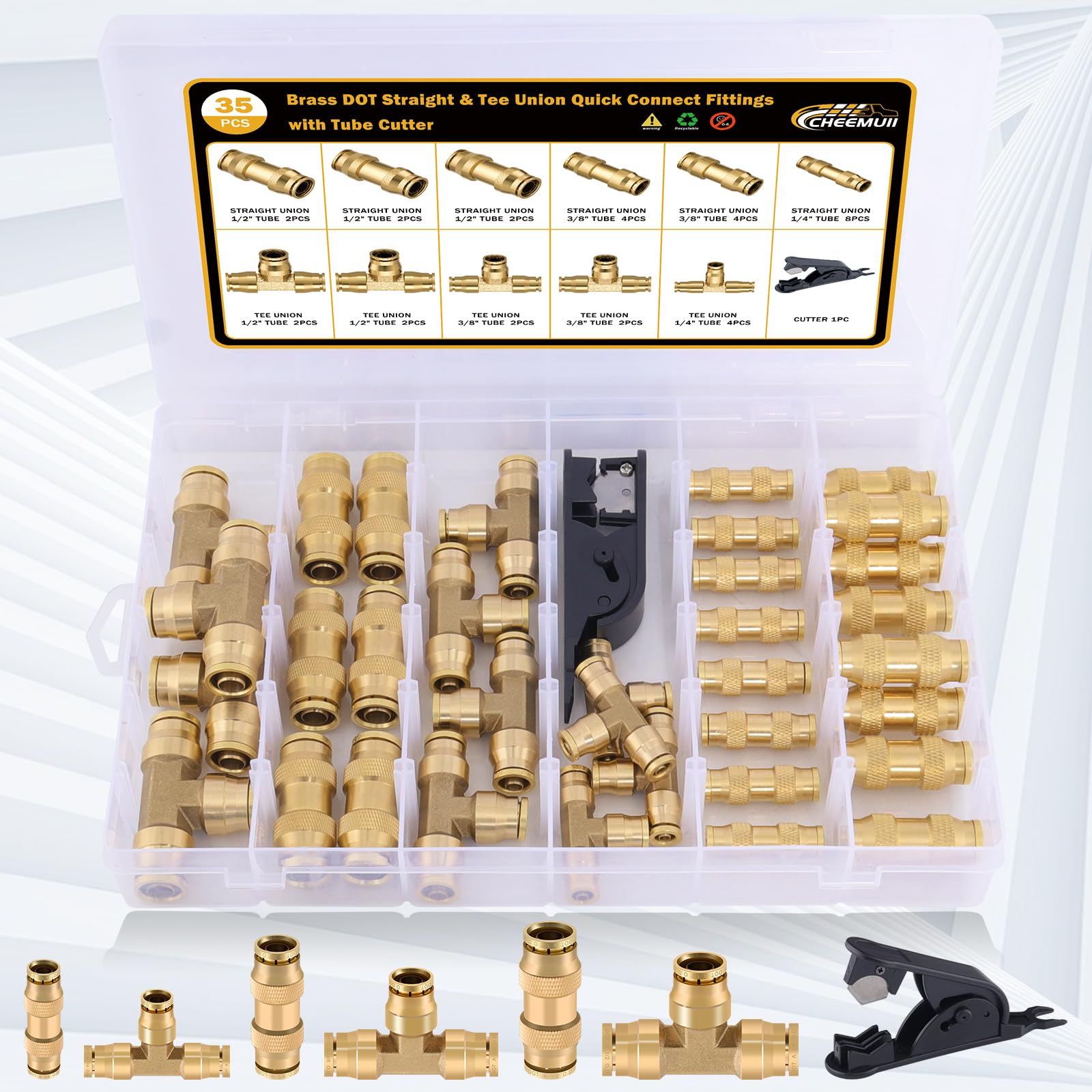 CheeMuii Brass DOT Air Line Fittings Kit - 35PCS Quick Connect for Semi Truck Trailers - Straight & Tee Unions, Gold