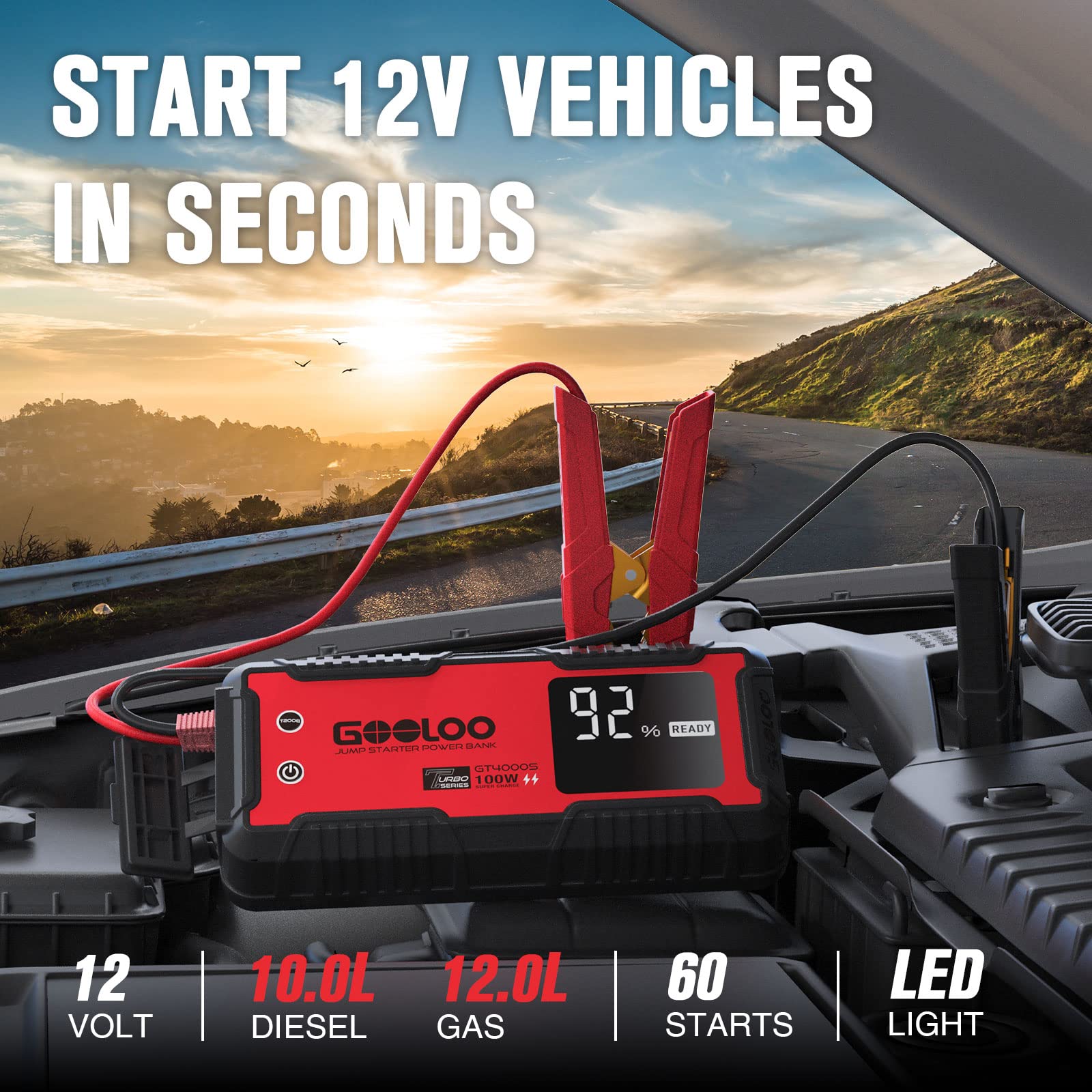 Gooloo 4000 Amp Jump Starter Gt4000S Car Starter 100W Two-Way Fast-Charging Portable Battery Charger Booster Pack For 12L Gas And 10L Diesel Engines,26800Mah Supersafe Jump Box For 12V Vehicles