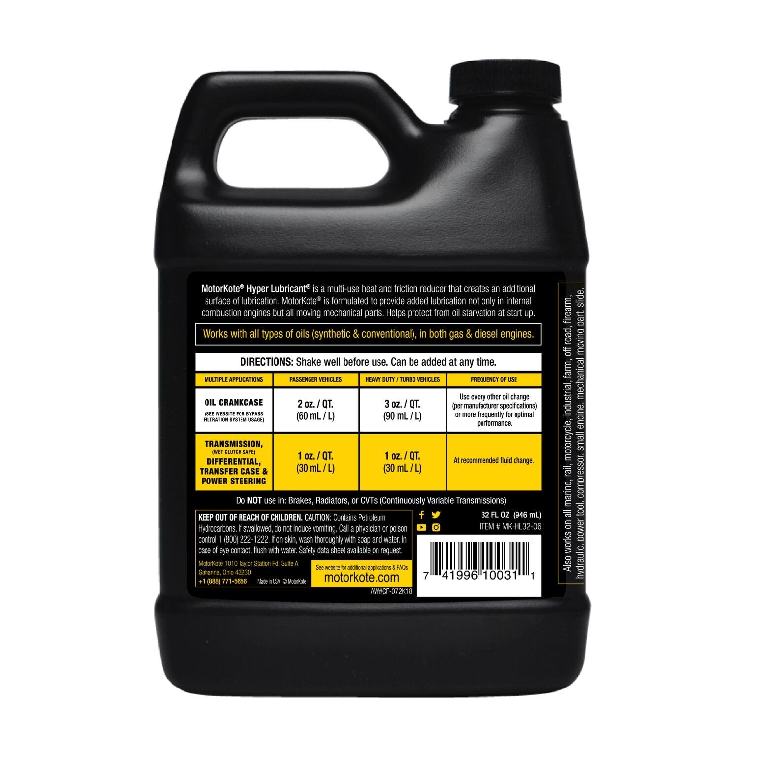 Motorkote Heavy Duty Hyper Lubricant, 32-Ounce, 6-Pack, Amber, Model MK-HL32-06-6PK, Metal