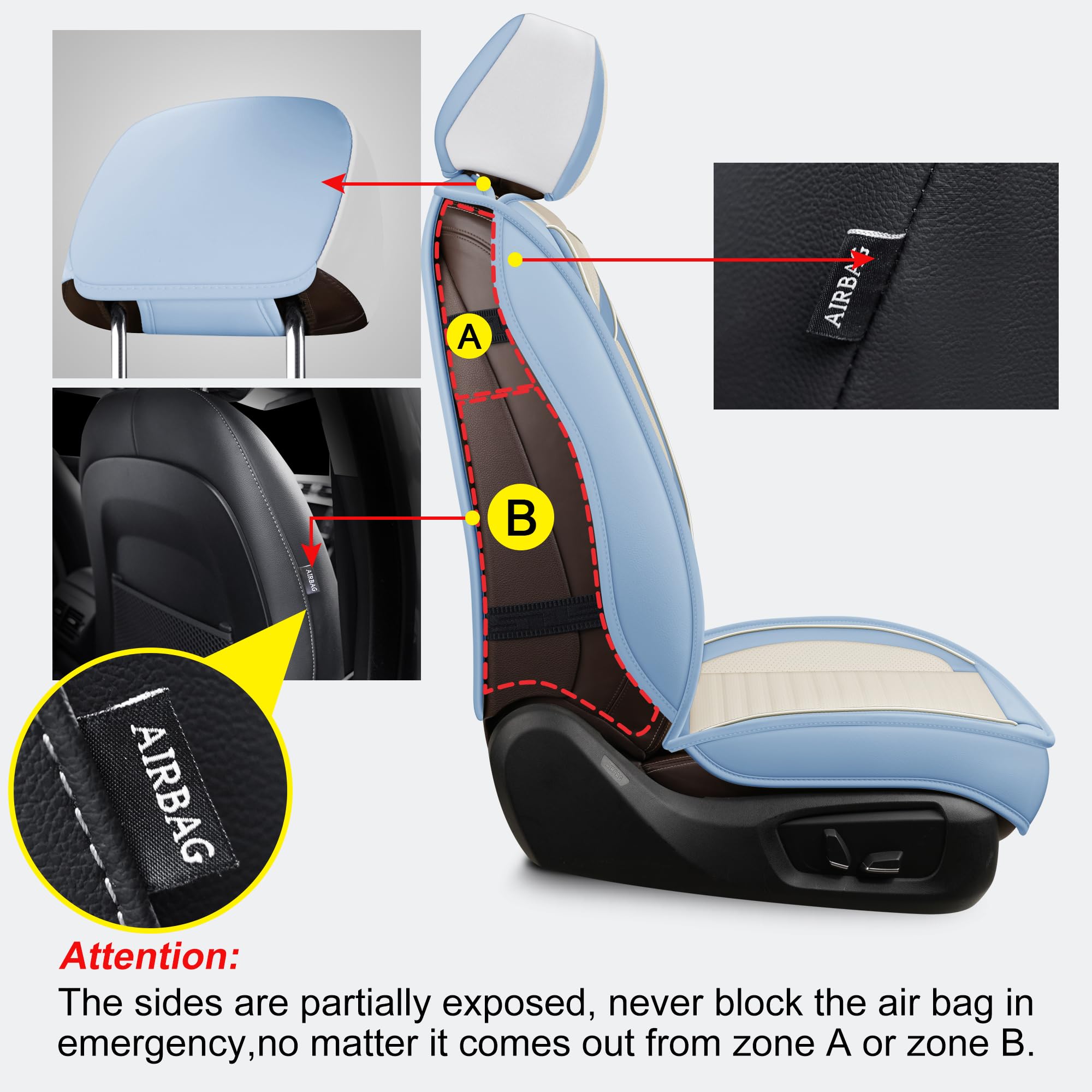 LINGVIDO Universal Car Seat Cover - Breathable Faux Leather, Waterproof, Front Size, White & Light Blue, Model Lingzhu01