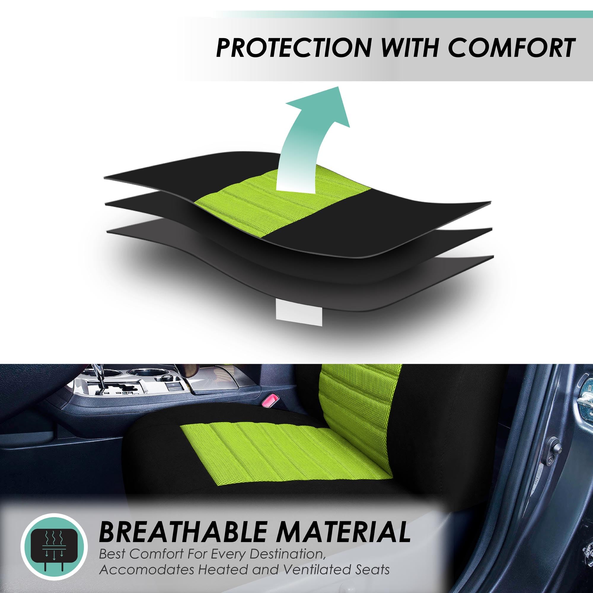 Fh Group Automotive Car Seat Covers Full Set Premium 3D Air Mesh Green And Black Seat Covers, Airbag Compatible And Split Bench
