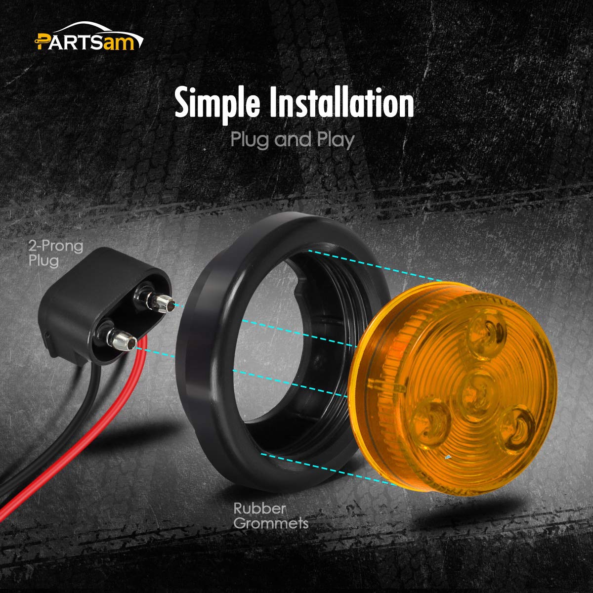 Partsam 5Pcs 2'' Amber Round Sealed Clearance Side Marker Light [Dot Approved] 4 Led Mount Grommet/Pigtails For Trailer Truck Ca