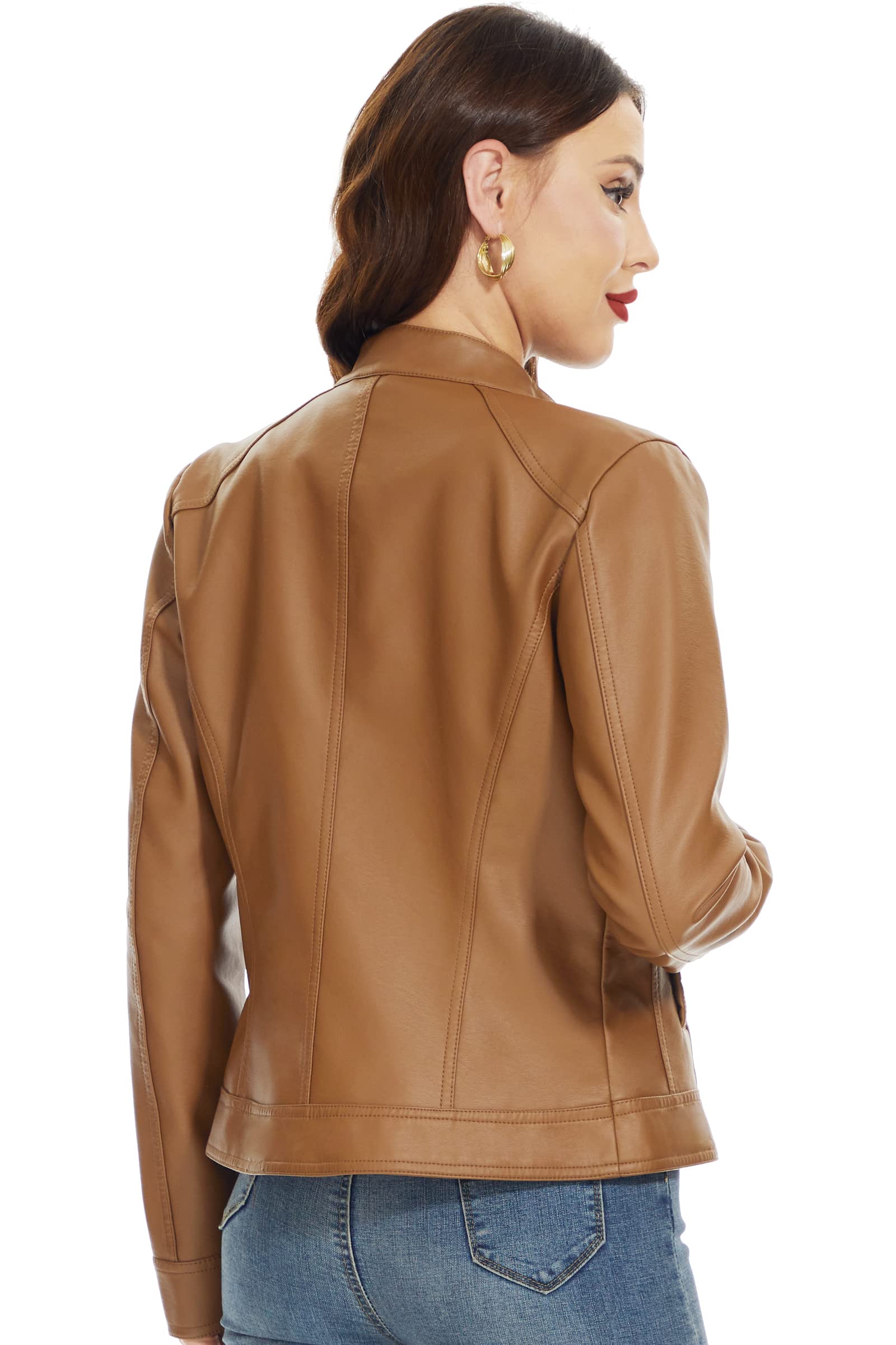 Fahsyee Womens Faux Leather Jackets, Zip Up Motorcycle Short Pu Moto Biker Outwear Fitted Slim Coat Size Xxl Camel
