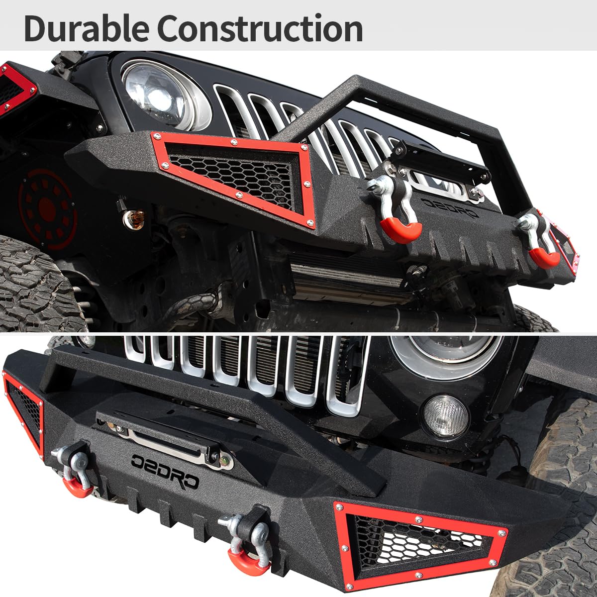 OEDRO Front Bumper for 2007-2025 Jeep Wrangler JK/JL/JT, Carbon Steel, Red, Full Width with Winch Plate & D-Rings