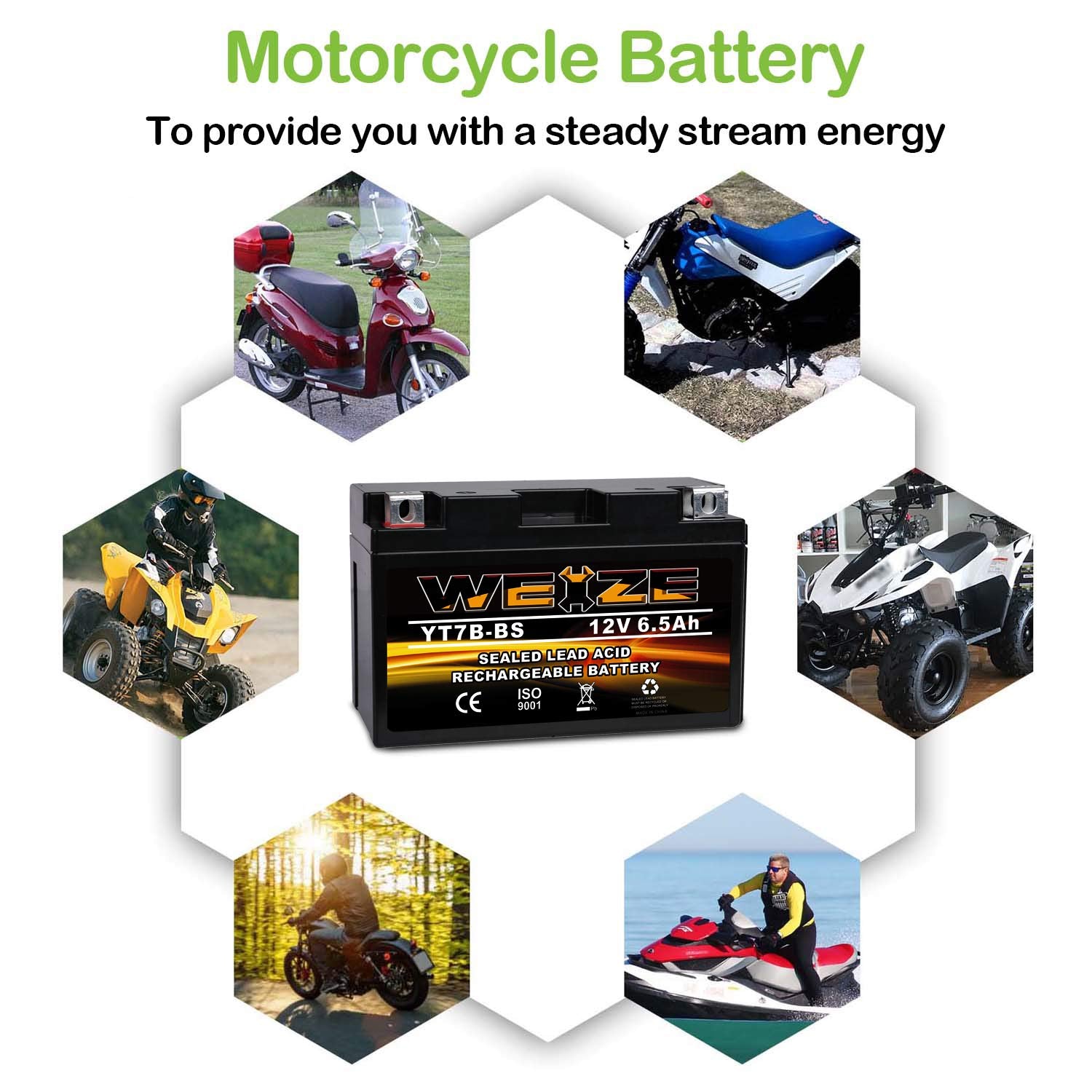 WEIZE YT7B-BS Maintenance Free Sealed AGM Motorcycle Battery for Yamaha ATV - Black