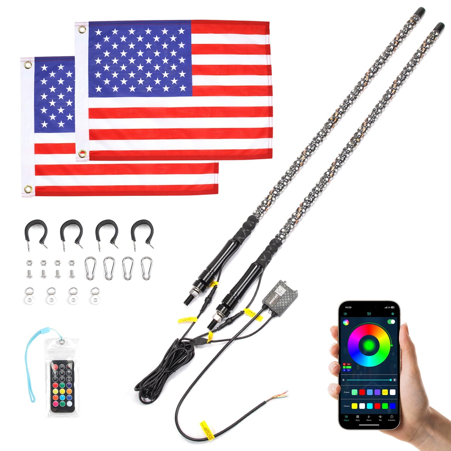 KEMIMOTO 2pc 3ft Bluetooth Whip Lights for Side by Side, Turning Signal Function Compatible with Polaris RZR Can-Am Maverick X3,