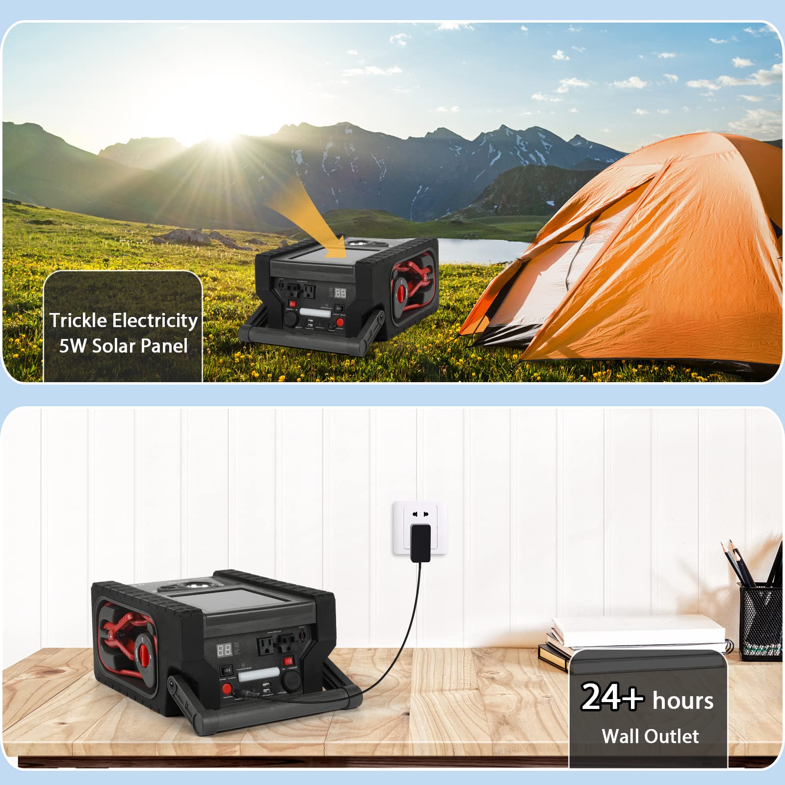 ZunDian ZD-529 Solar Portable Power Station & Jump Starter, 2000A, 260 PSI Air Compressor, 400W Inverter, Black