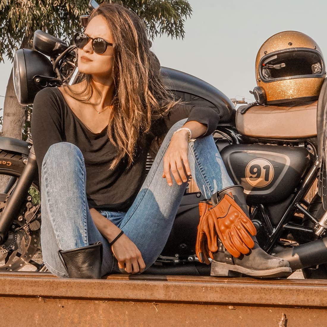 Harssidanzar Leather Motorcycle Gloves for Women, Touchscreen, Size L, Saddle, Model GL016