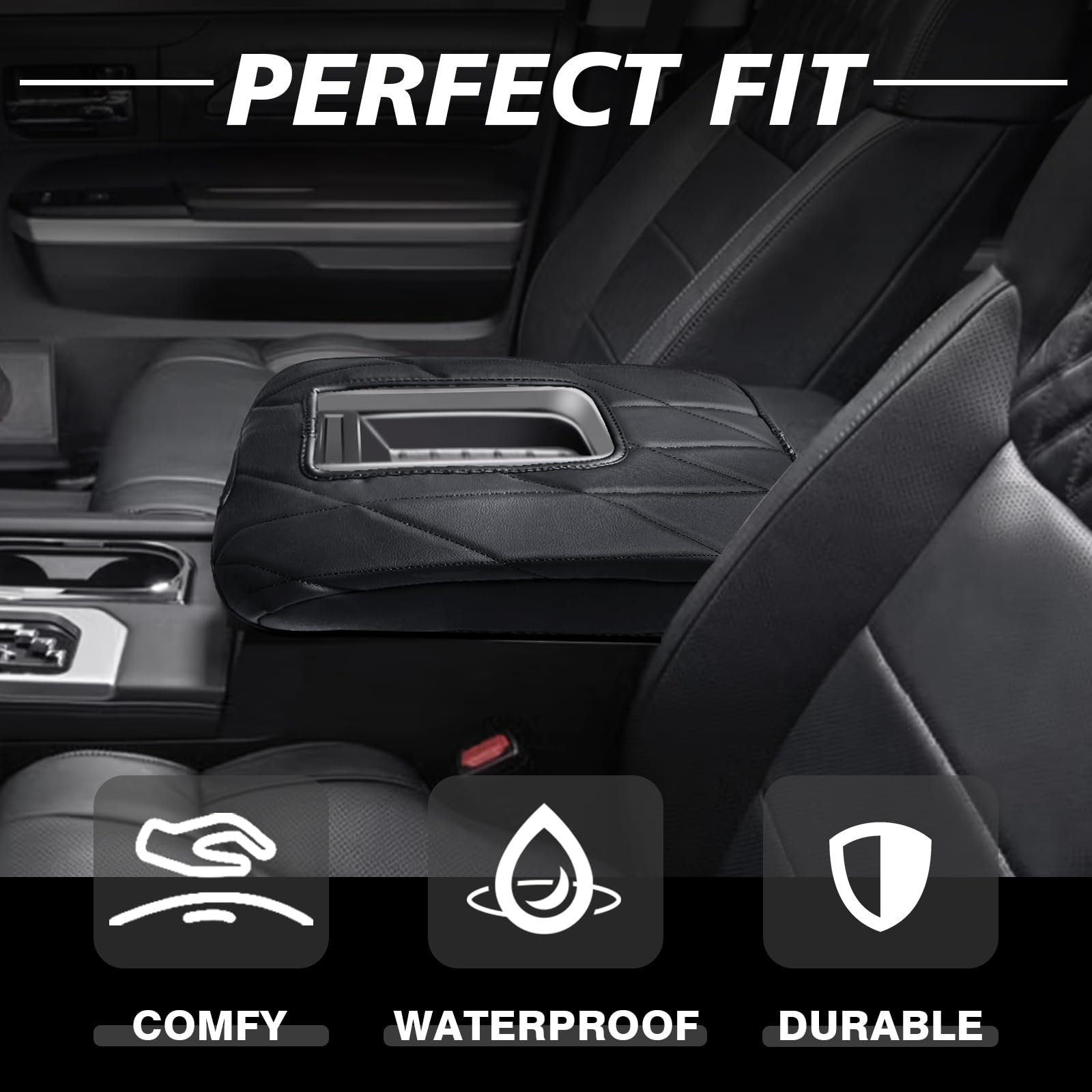 Muslogy Center Console Armrest Cover for Toyota Tundra 2014-2021, Regular Thick Vegan Leather, Bucket Seat Only, Model MUS-ACEXTRA-40B