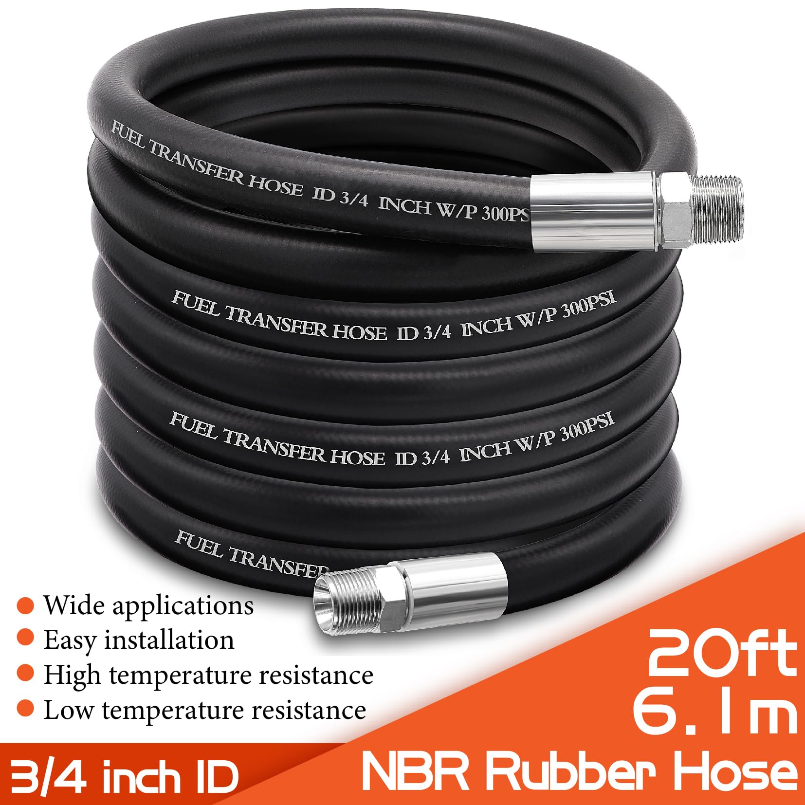 Ruikarhop 3/4" Fuel Transfer Hose 20FT, Rubber Farm Pump Hose with Male NPT Fittings, Black, Model LL0899