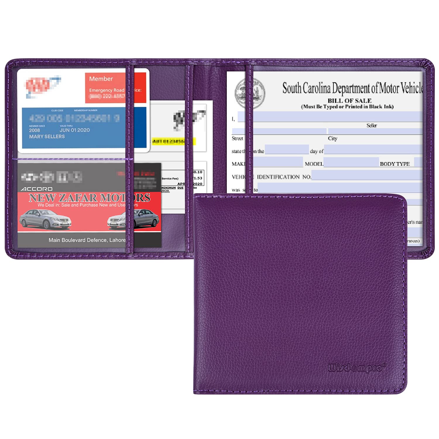 Wisdompro Car Registration And Insurance Holder - Premium Pu Leather Vehicle Glove Box Organizer For Document, License - Purple