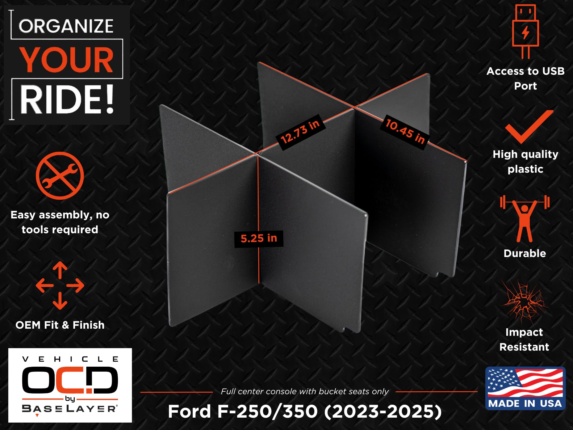 Vehicle OCD Center Console Organizer for Ford SuperDuty 2023-2026, SLX180, Black, Made in USA, Durable Plastic