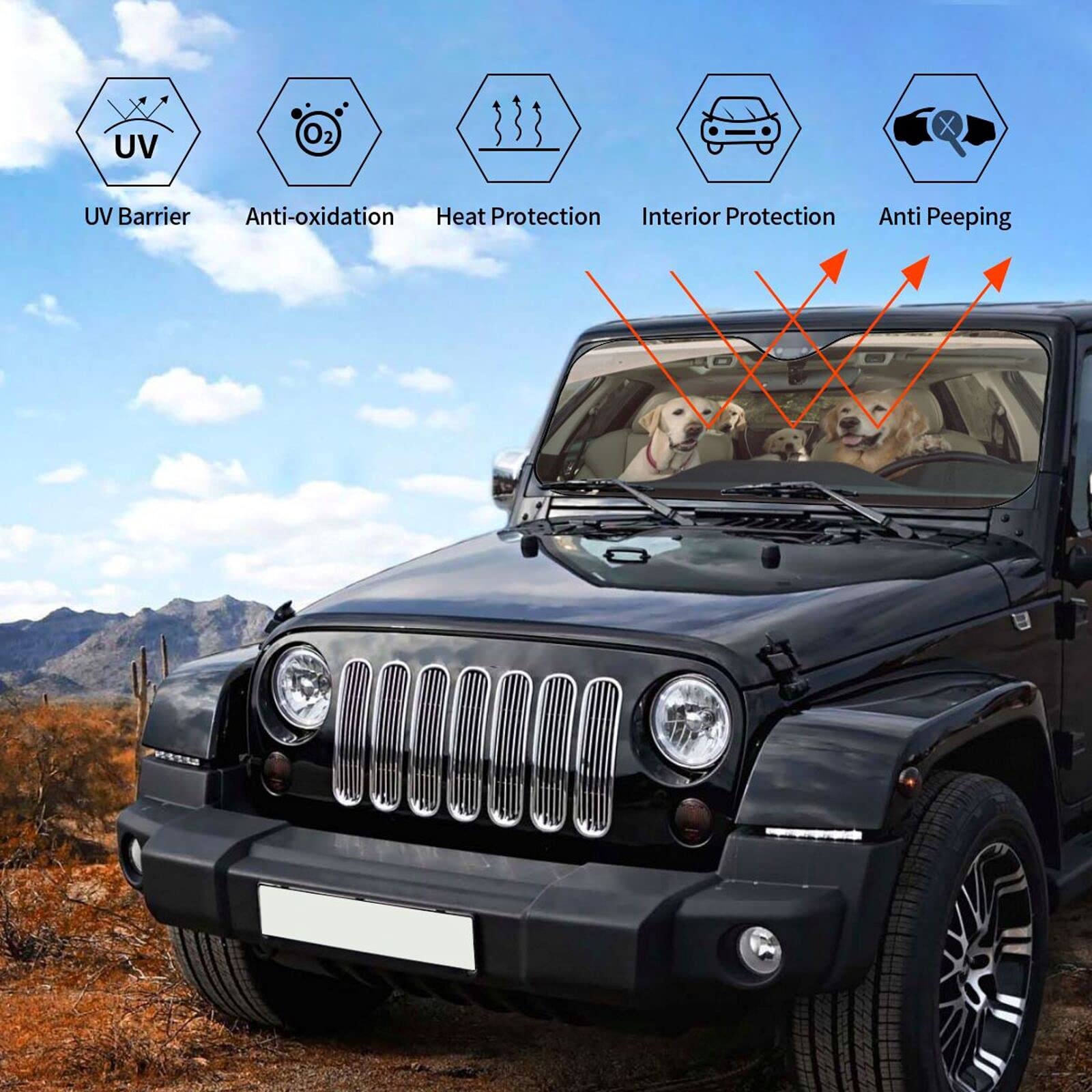 Two Dogs Driving Car Front Windshield Sun Shade,Auto Sunshade For Car Truck Suv - Blocks Uv Rays Sun Visor Protector (51 X 27.5Inch,Upgrade Hardened)