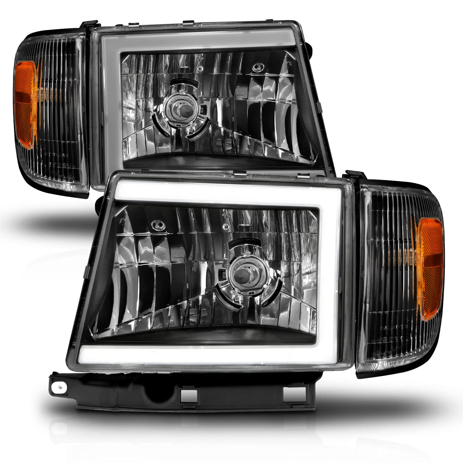 AmeriLite LED Tube Headlights & Corner Light Set for 1997-2000 Toyota Tacoma 2WD Pickup - Black Replacement - Passenger & Driver Side