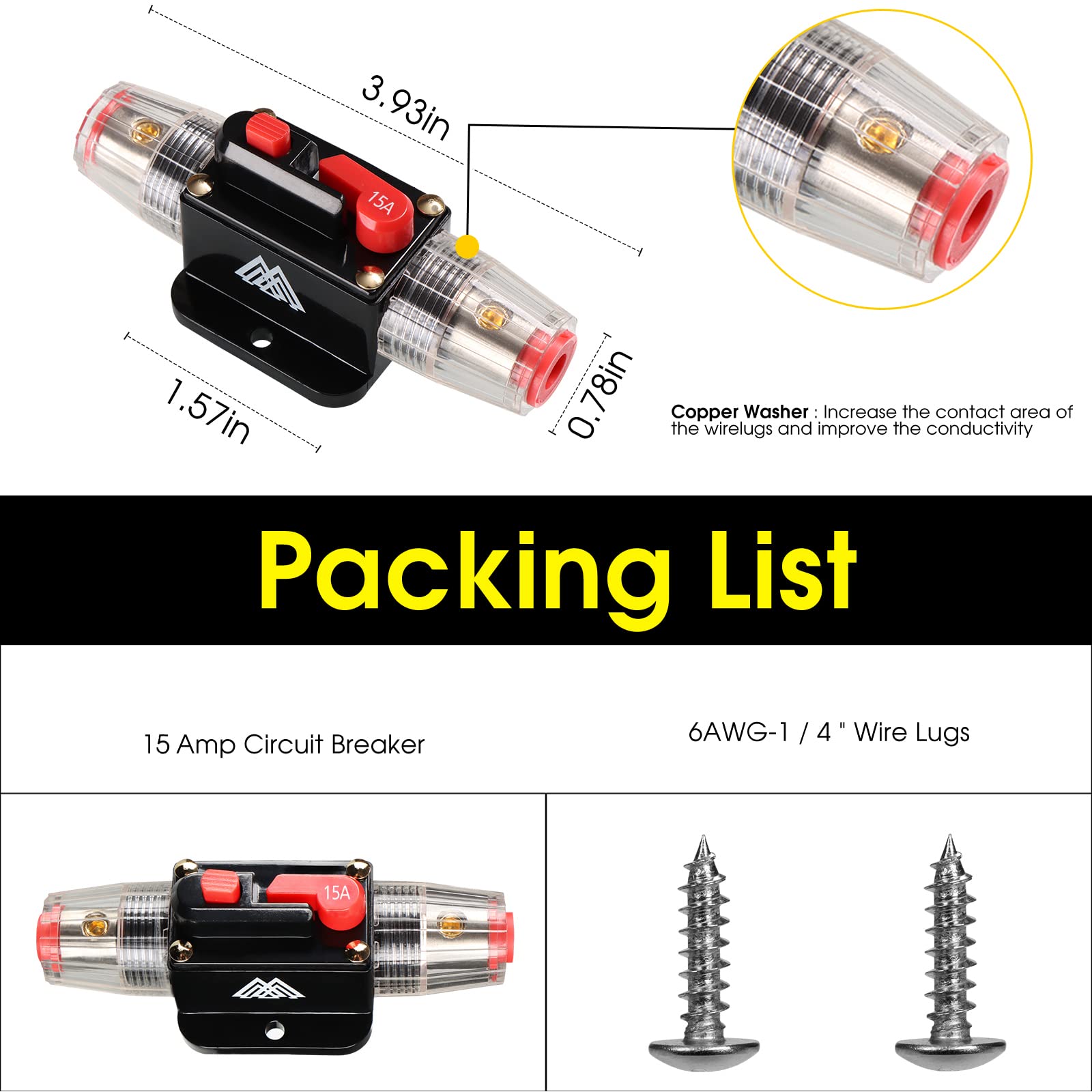 M1A2 Circuit Breaker Switch 15A Waterproof Fuse Inline Holder Resettable Fuse Manual Reset 12V-48V Dc For Car Audio Sound Amplif