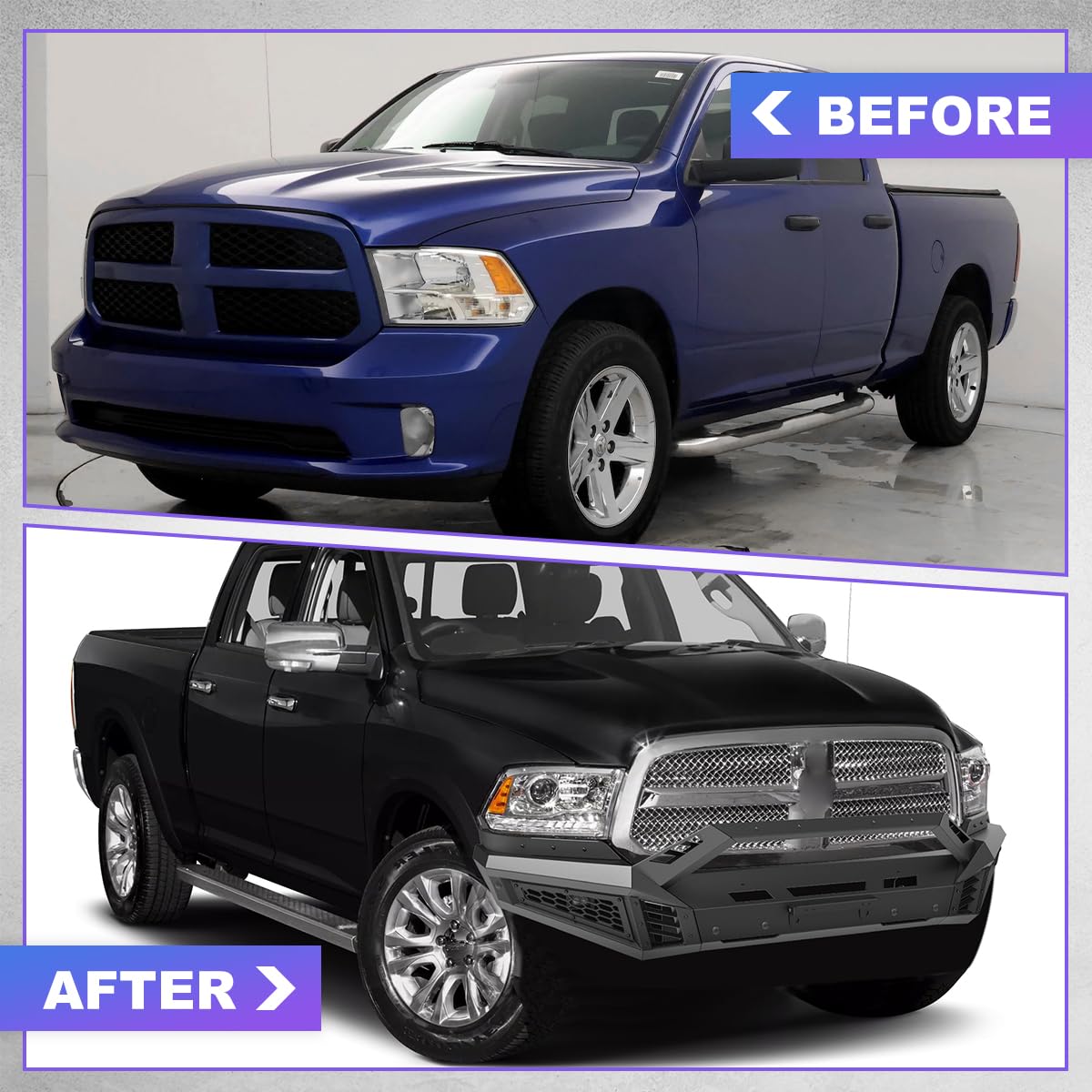 Wolfstorm Front Bumper For 2013-2018 Dodge Ram 1500 Pickup Truck 2019-2023 Ram 1500 Classic(Exculding Warlock) Mid-Width Front Bumper+Side Wing+Bull Bar