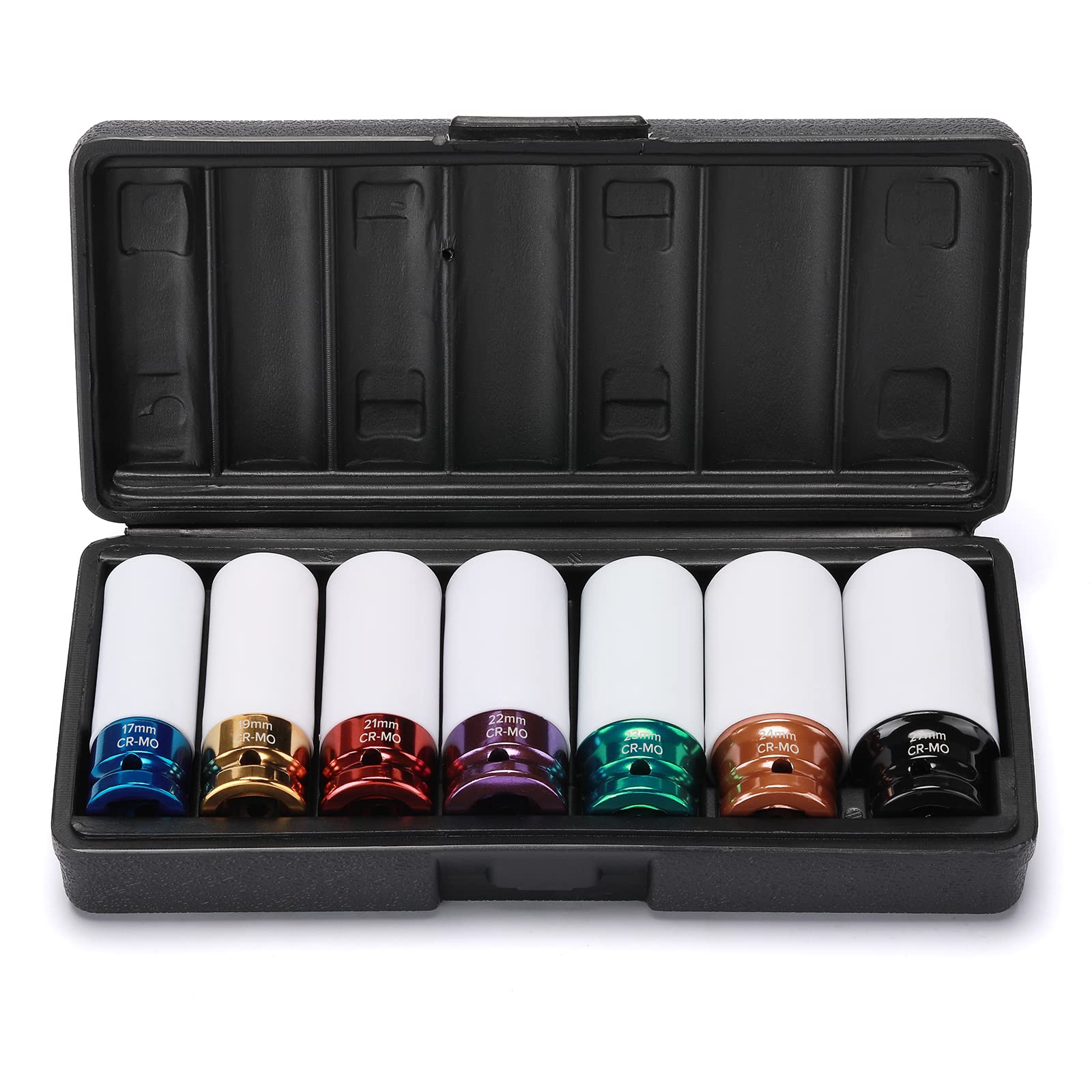 Mayouko 7Pcs 1/2 Inch Drive Lug Nut Deep Impact Socket Set,Thin-Walled Wheel Rim Protector Socket,Color Coded,Metric,Cr-Mo