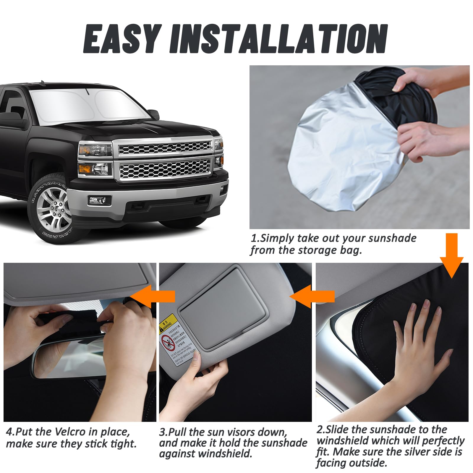D-Lumina Windshield Sun Shade for 1999-2006 Chevy Silverado 1500, Foldable 2-Layer UV Blocker, Silver & Black