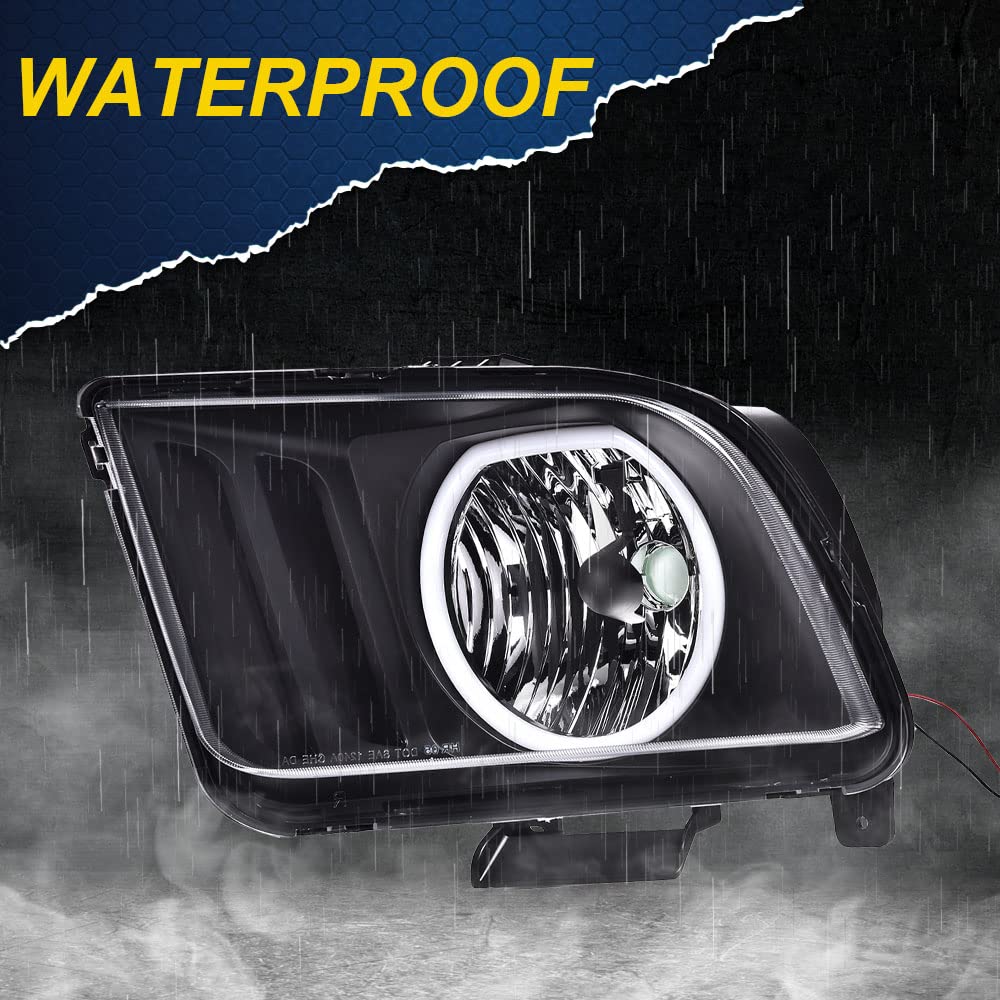 CHEDA LED DRL Headlights Assembly for 2005-2009 Ford Mustang S197 - Clear Lens, Black Housing, Amber Reflector, Head Lamp Pair
