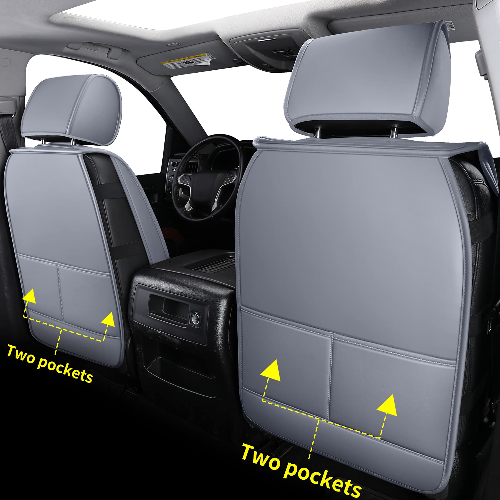 LUCKYMAN CLUB Front Seat Cover for Chevy Silverado/Sierra, Gray Faux Leather, 2007-2025, X04-S3, Water Resistant, Fits Crew/Regular Cabs
