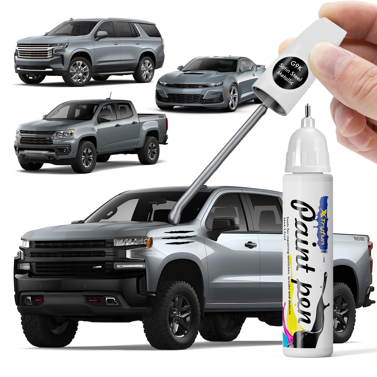XTryfun G9K/WA464C Satin Steel Metallic Touch Up Paint Compatible with Chevrolet, DIY Car Paint Scratch Repair, Quick & Easy Fix
