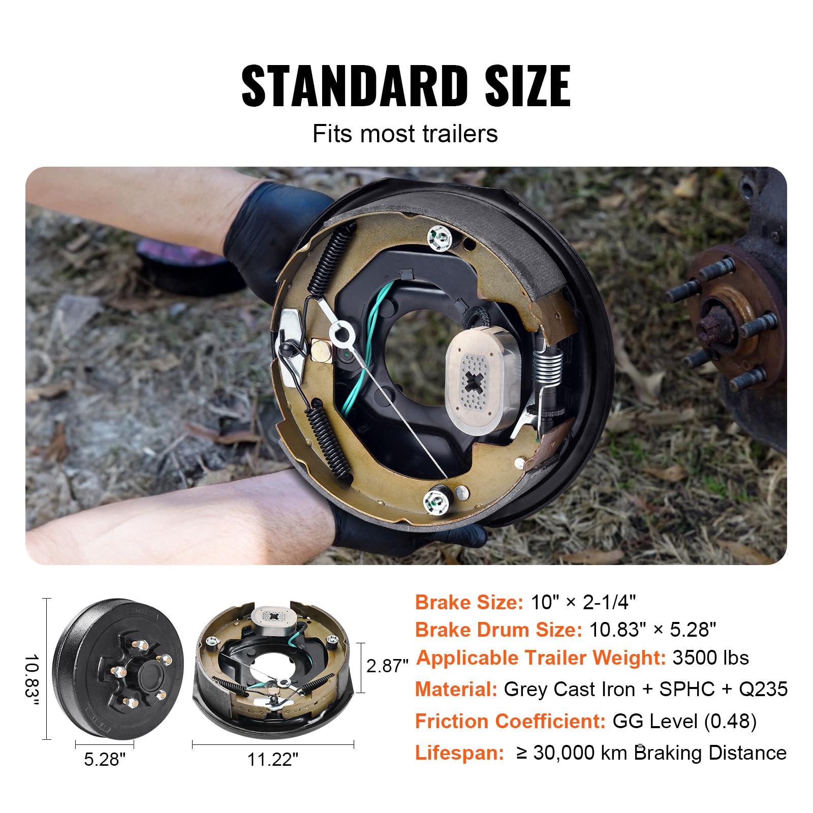 VEVOR Trailer Hub Drum Kit with 10" Electric Brakes, 3500 lbs Axle, 5 on 4.5" B.C., Grey, Model BF10-Z01AB