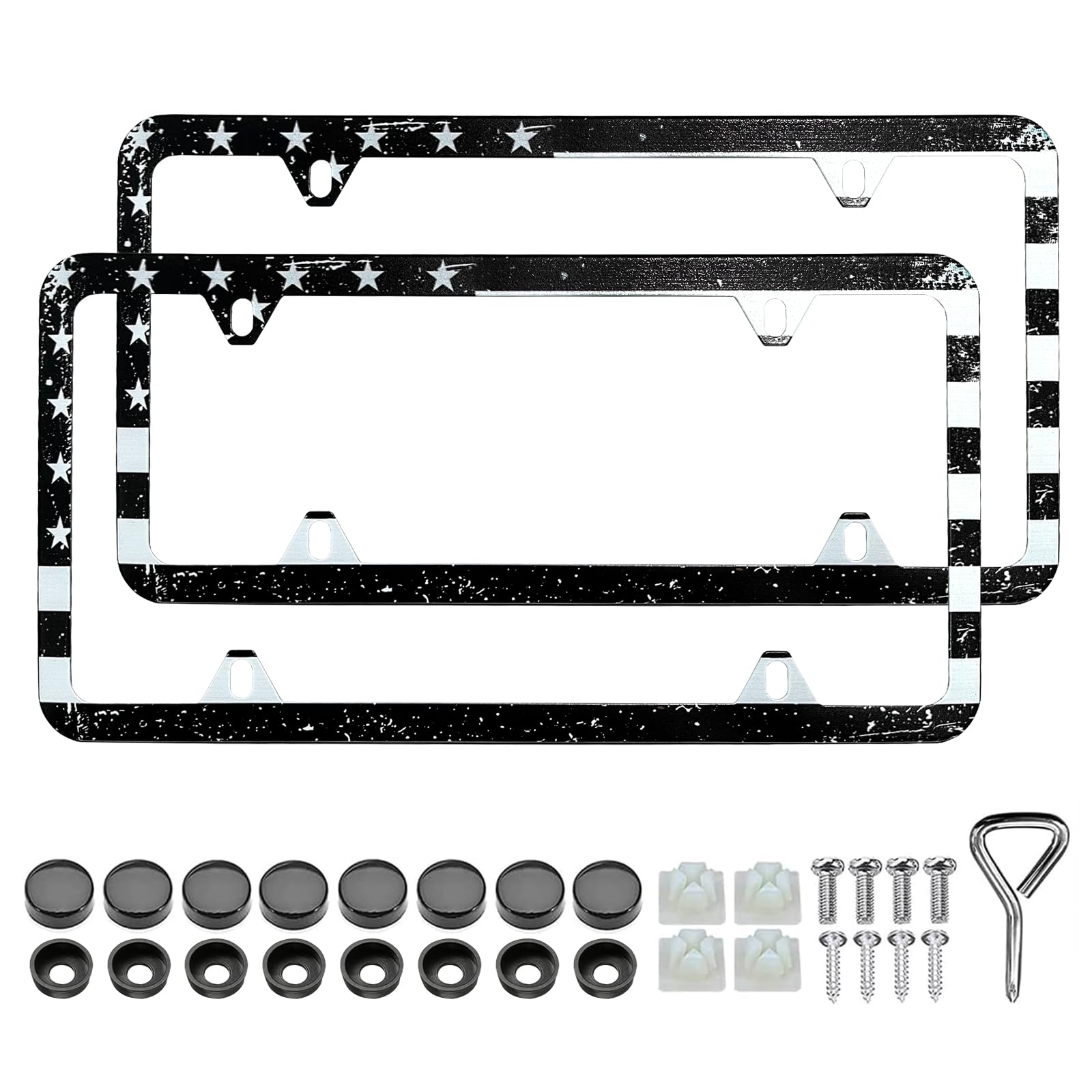 Black American Flag License Plate Frame - 2 Pack Stainless Steel Vintage Patriotic USA Flag License Plate Holder Cover Rust-Proo