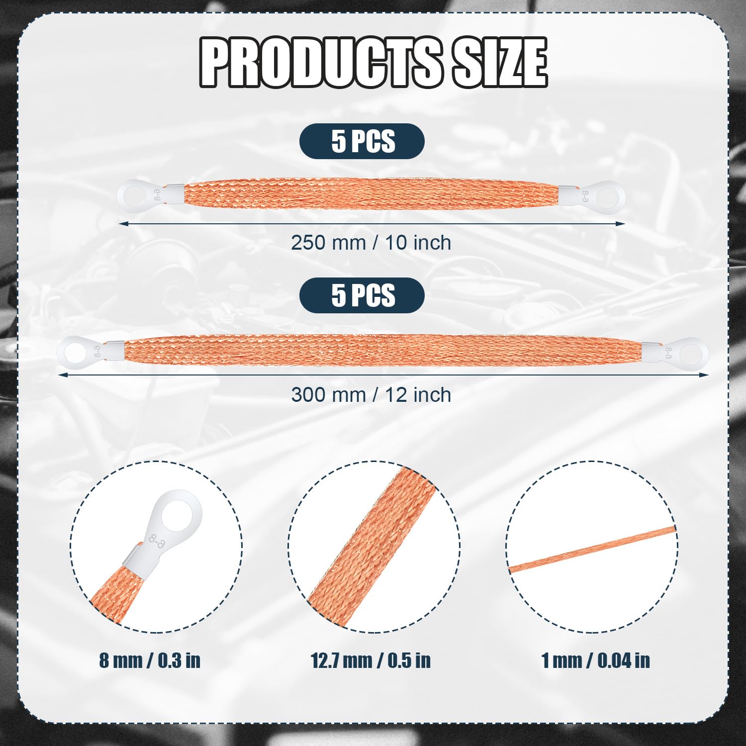 10Pcs Universal Automotive Ground Straps, 10/12 Inch Engine Ground Strap Kit Braided Copper Ground Straps Automotive Ground Strap Wire Ground Strap Connectors For Most Cars (Copper)