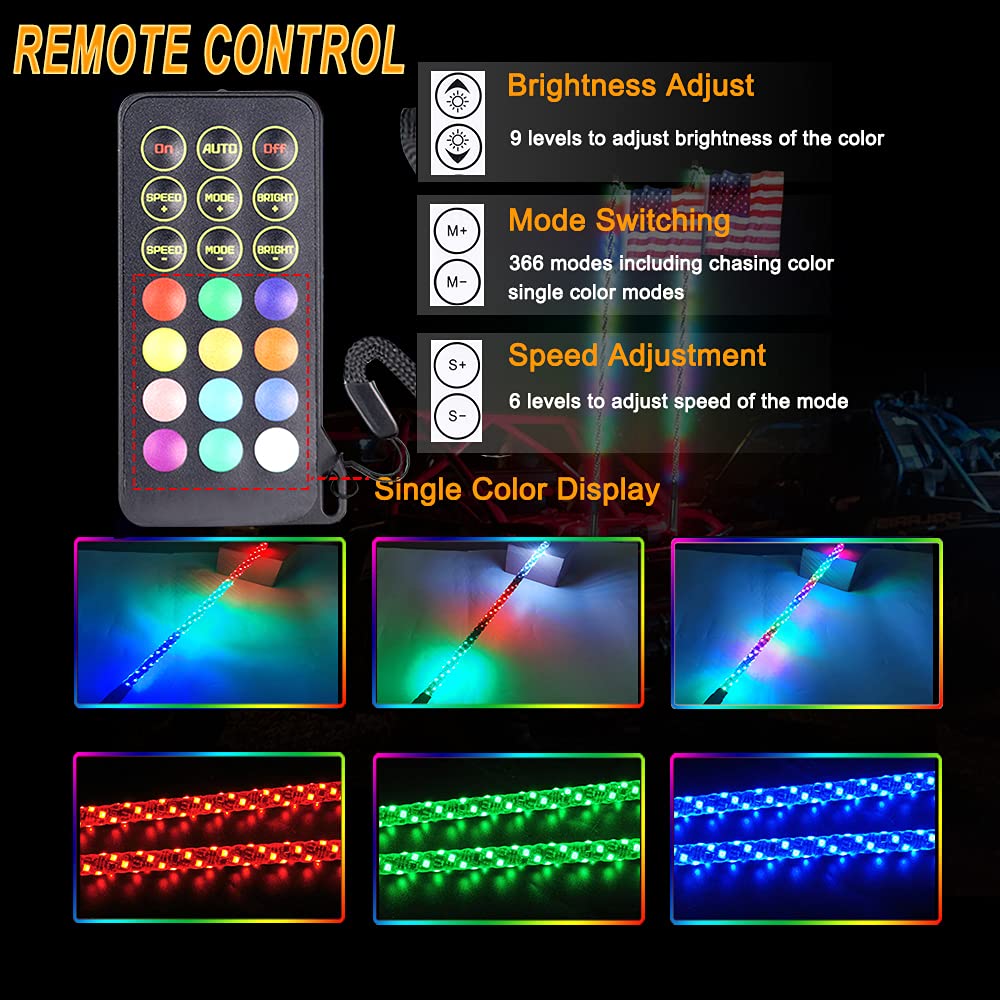 Beatto 3Ft(0.9M) Rf Remote Control Rgb Led Whips Light With Dacning/Chasing Light Led Antenna Light For Off- Road Vehicle Atv Ut