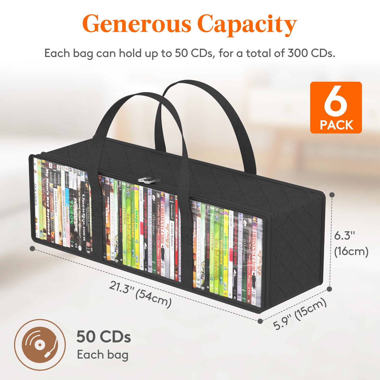 Lifewit CD Storage Bags 6 Pcs, Clear PVC Organizer for 300 CDs, 21.3"x6.3"x5.9", Black, Model LH24185.01