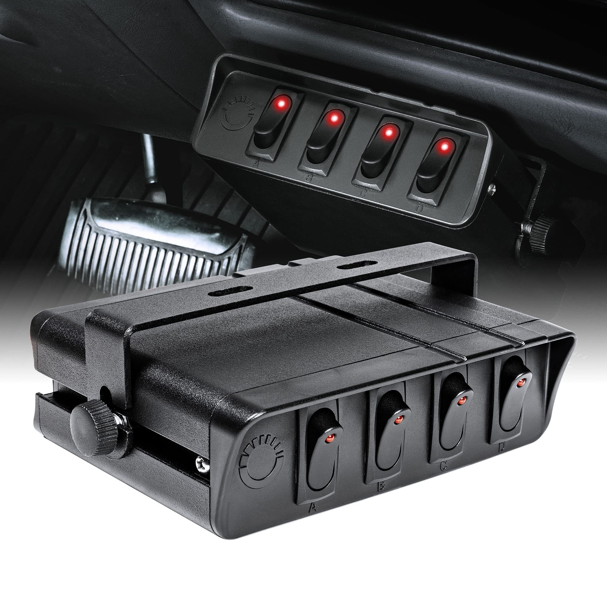 True Mods 4-Gang 12V Rocker Switch Box [20 Amp Max.] [12 Awg Wires][12 Volt Dc] Spst On/Off Rocker Toggle Switch Panel Box For Auto Automotive Lights Car Marine Boat Truck Vehicles & More