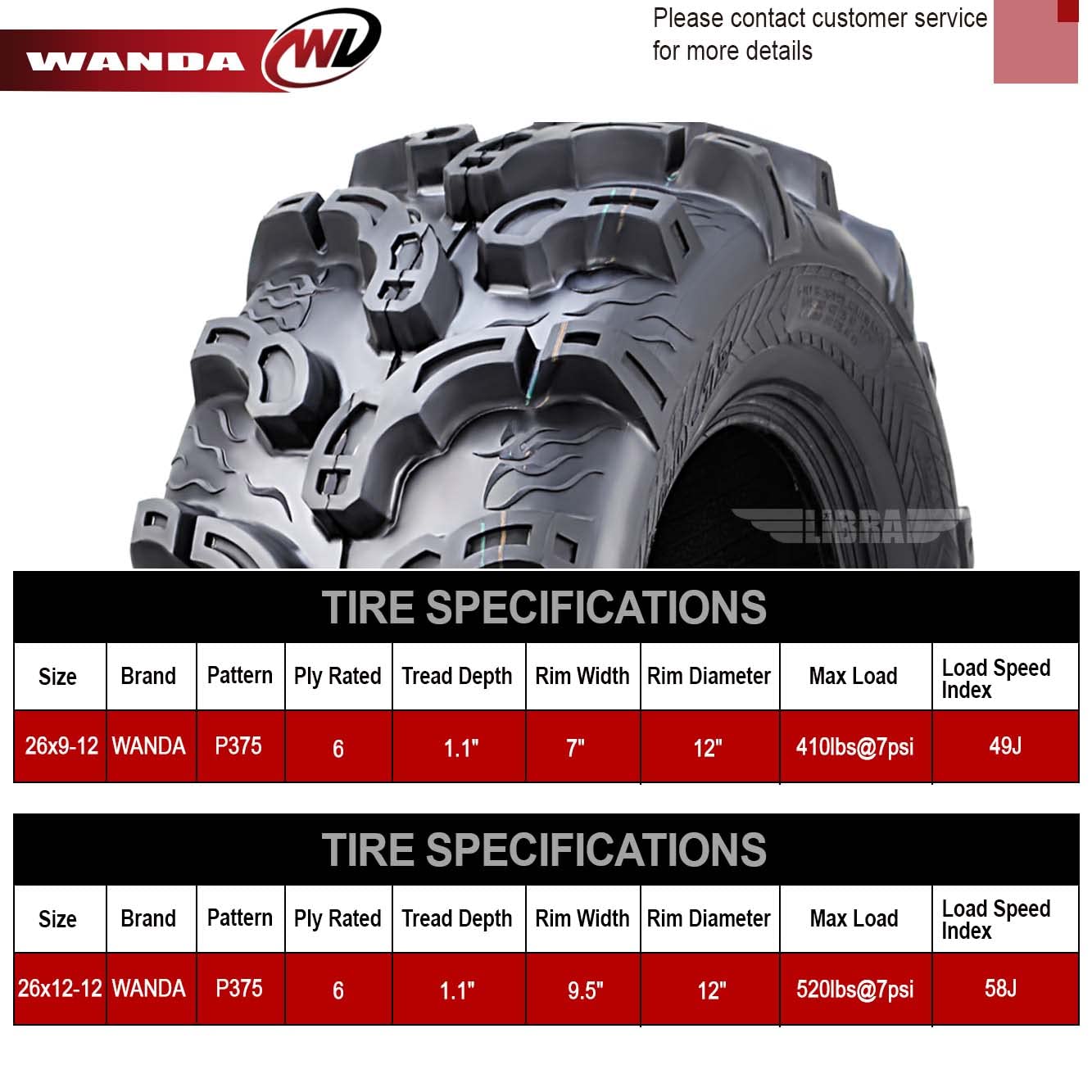 Wanda Set Of 4 New Premium Atv/Utv Tires 26X9-12 Front & 26X12-12 Rear /6Pr Super Lug Mud