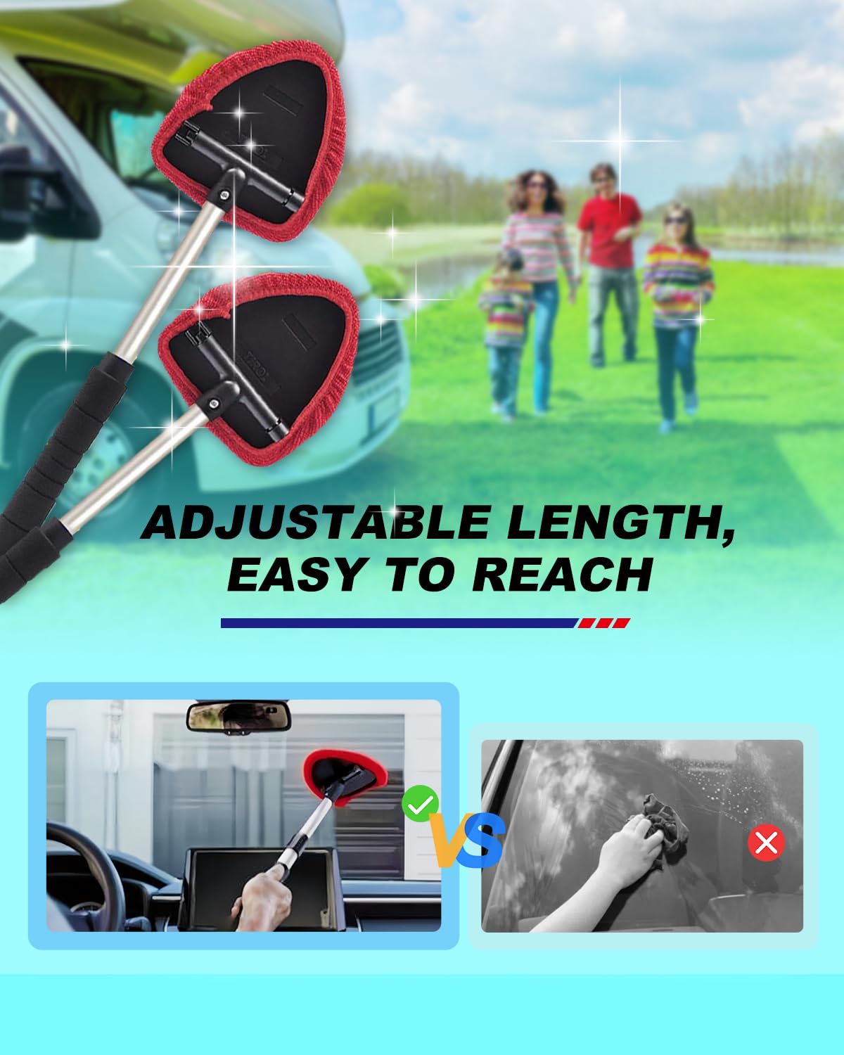 Autoec Auto Car Windshield Cleaner, Extendable Handle Window Cleaner Brush Kit Comes With 4 Packs Washable And Reusable Pads(2 W