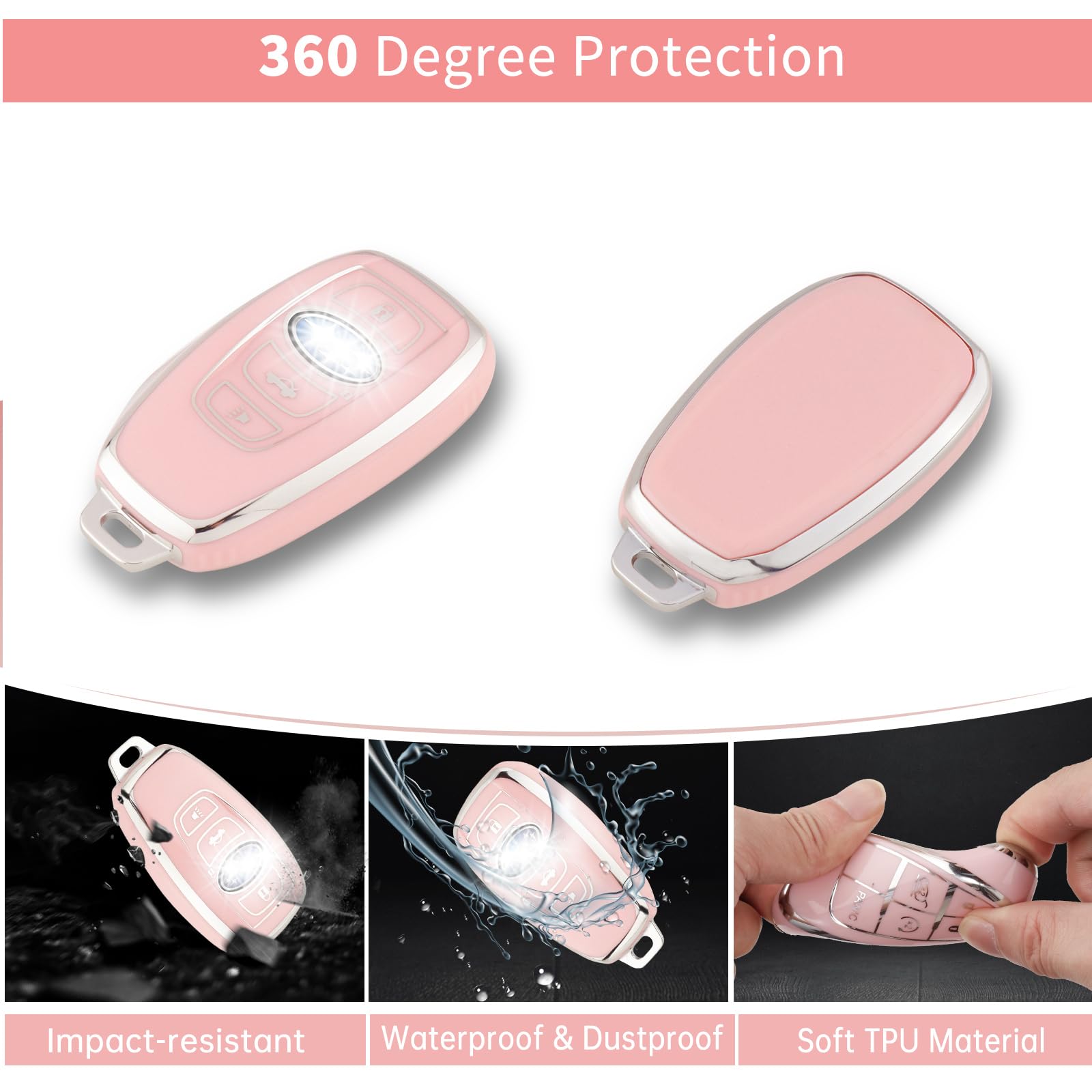 Pangpai Key Fob Cover Set for Subaru Ascent, BRZ, Crosstrek, Forester - TPU & Zinc Alloy, Pink with Bling Keychain