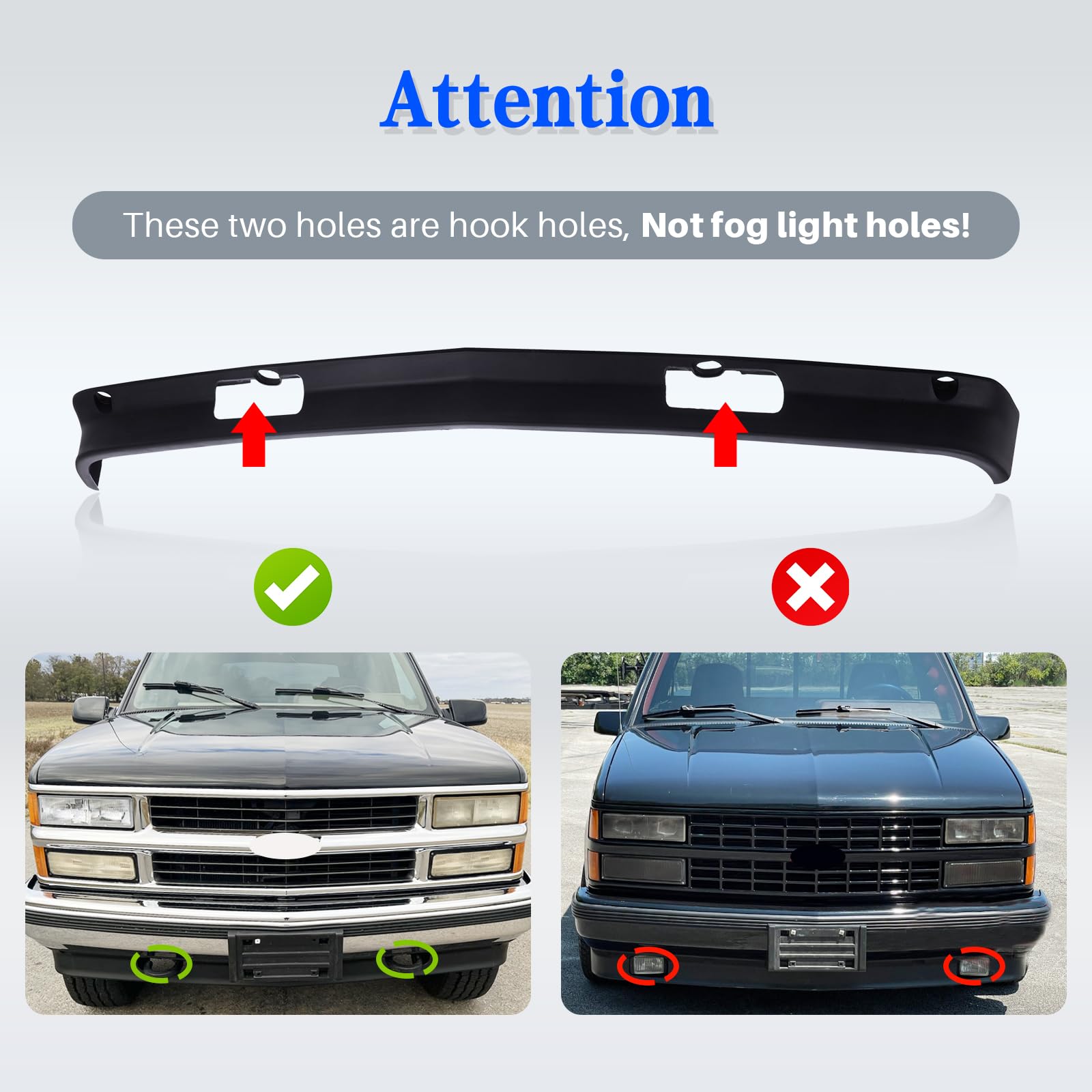 CarPartsDepot Front Bumper Air Dam Lower Valance w/Hook Holes, Black, Compatible with 1988-2000 Chevy C/K 1500 2500 3500 & GMC