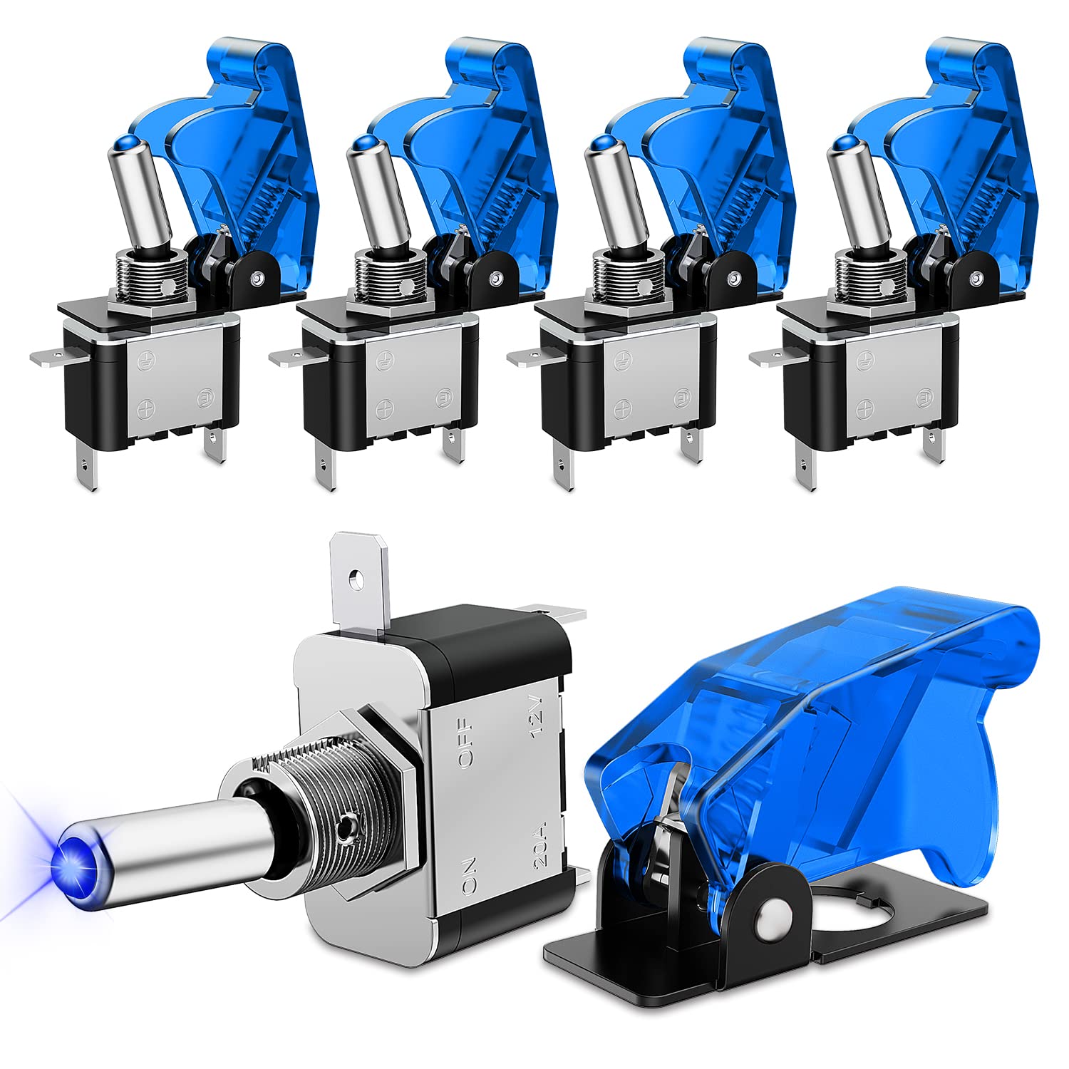 Nilight 5Pcs Led Toggle Switch On Off 12V Blue Lighted Aircraft Safety Cover Heavy Duty 20A Spst 3 Pin Rocker For Automotive Car