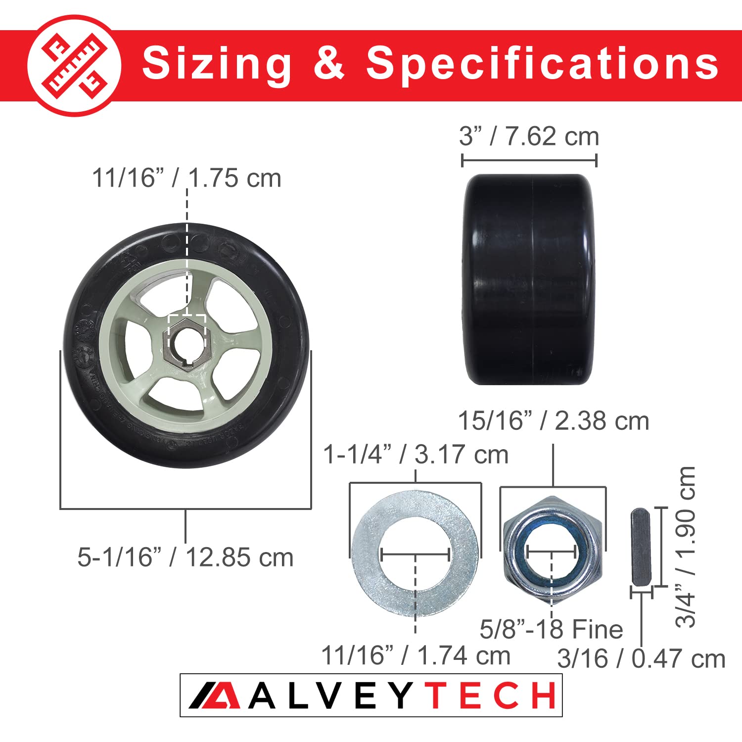 AlveyTech Super Slider POM Rear Wheels for Razor Go-Karts - 1.75" Rubber Drift Tires, Model R03-1145, Left & Right Set