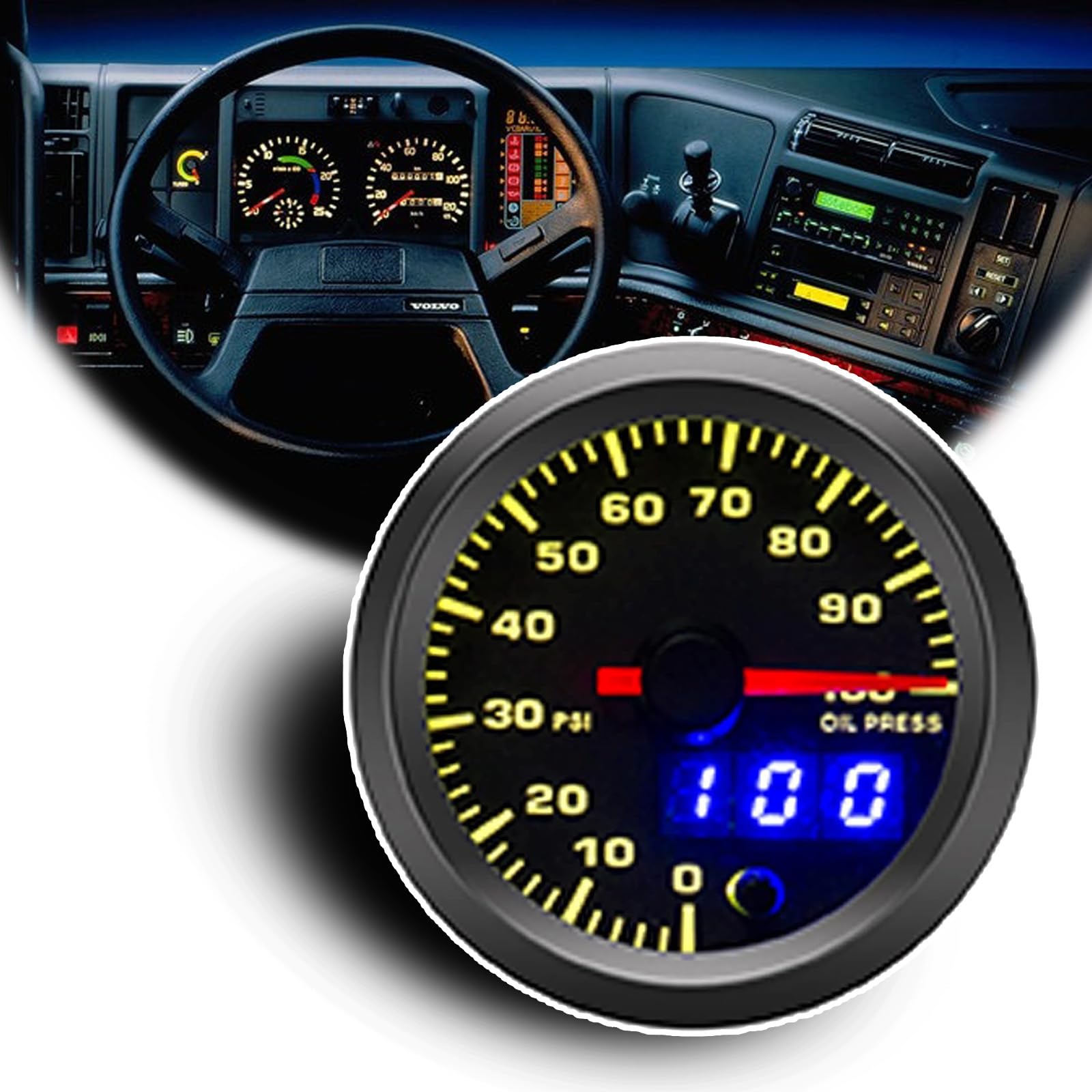 2-1/16'' 52mm Oil Pressure Gauge Kit 7 Color 0 to 100 PSI Pointer & LED Digital Readouts Black Dial - Clear Lens Fit for 12V Car